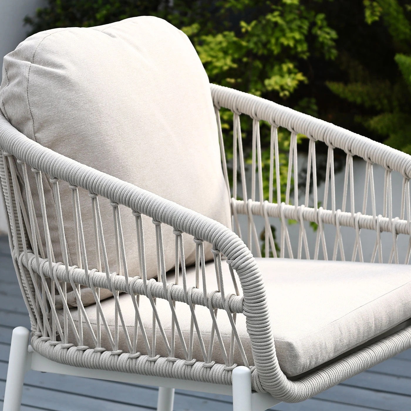 9 Moda Living Bali White Aluminium Outdoor Dining Chairs with Arms - Beige Rope and Cushion (Set of 4) - White, 9 of 10