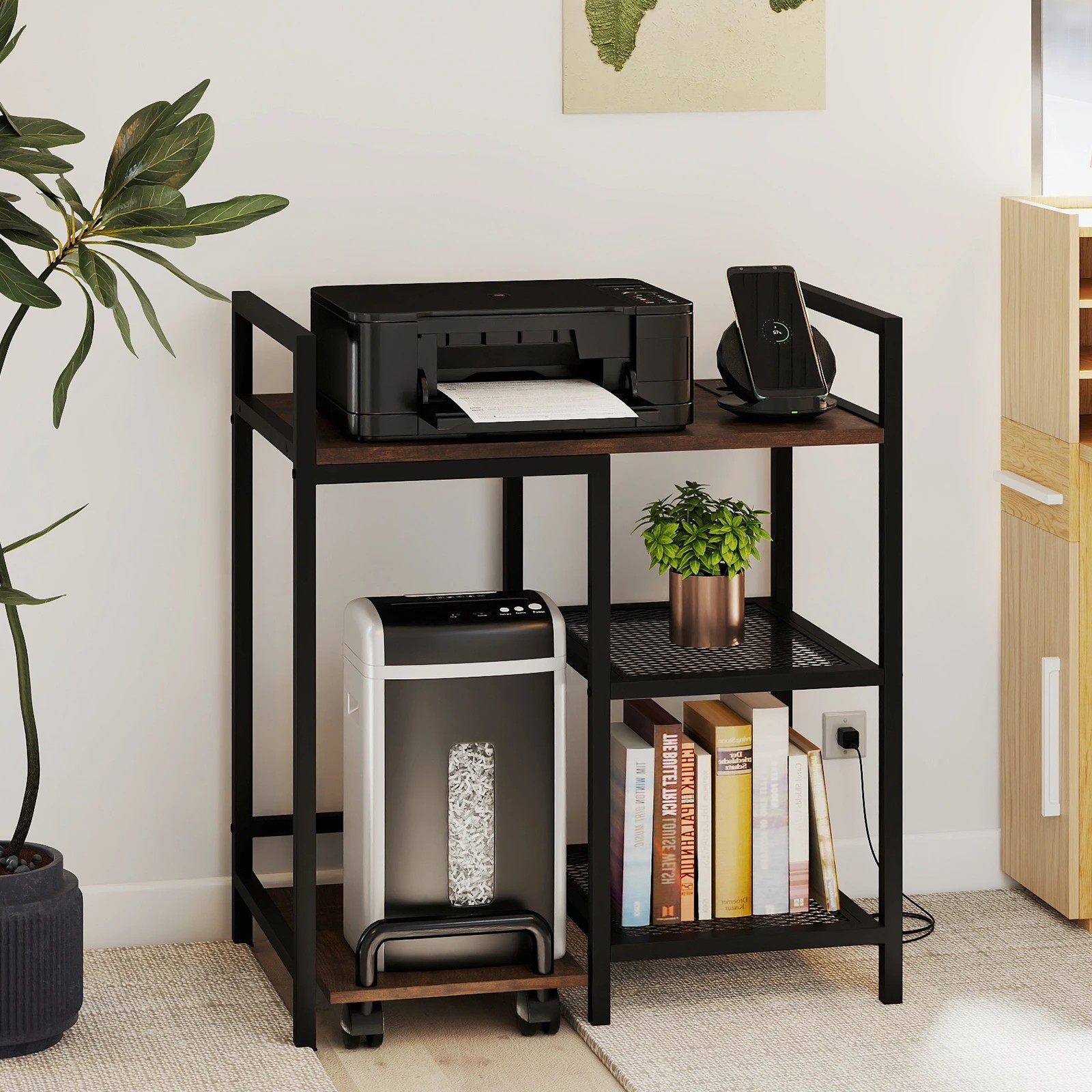 4 Costway Printer Stand w/Charging Station 3-Tier Storage Side Table - Brown, 4 of 6