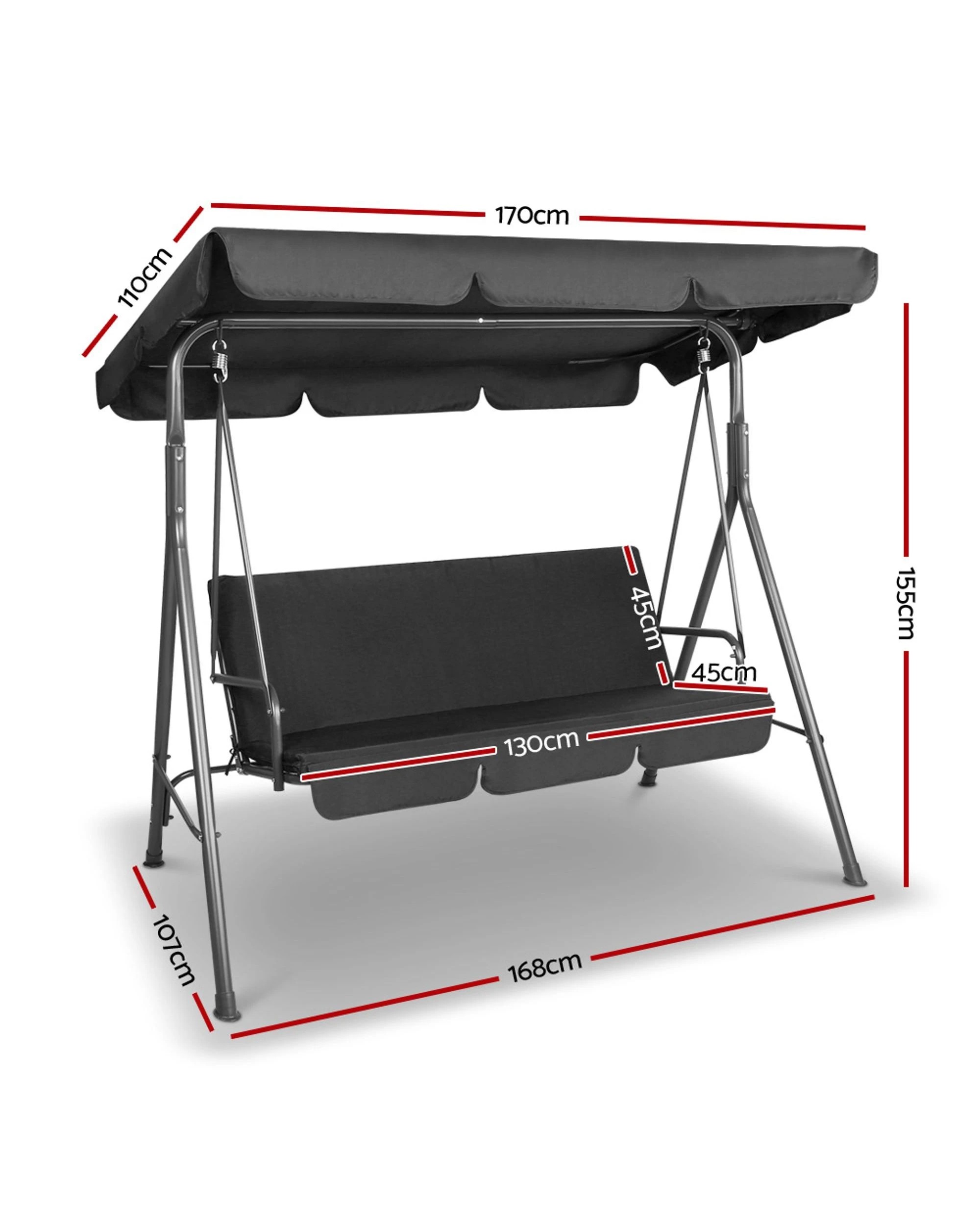 2 Gardeon Outdoor Swing Chair Garden Bench Furniture Canopy 3 Seater - Black, 2 of 6