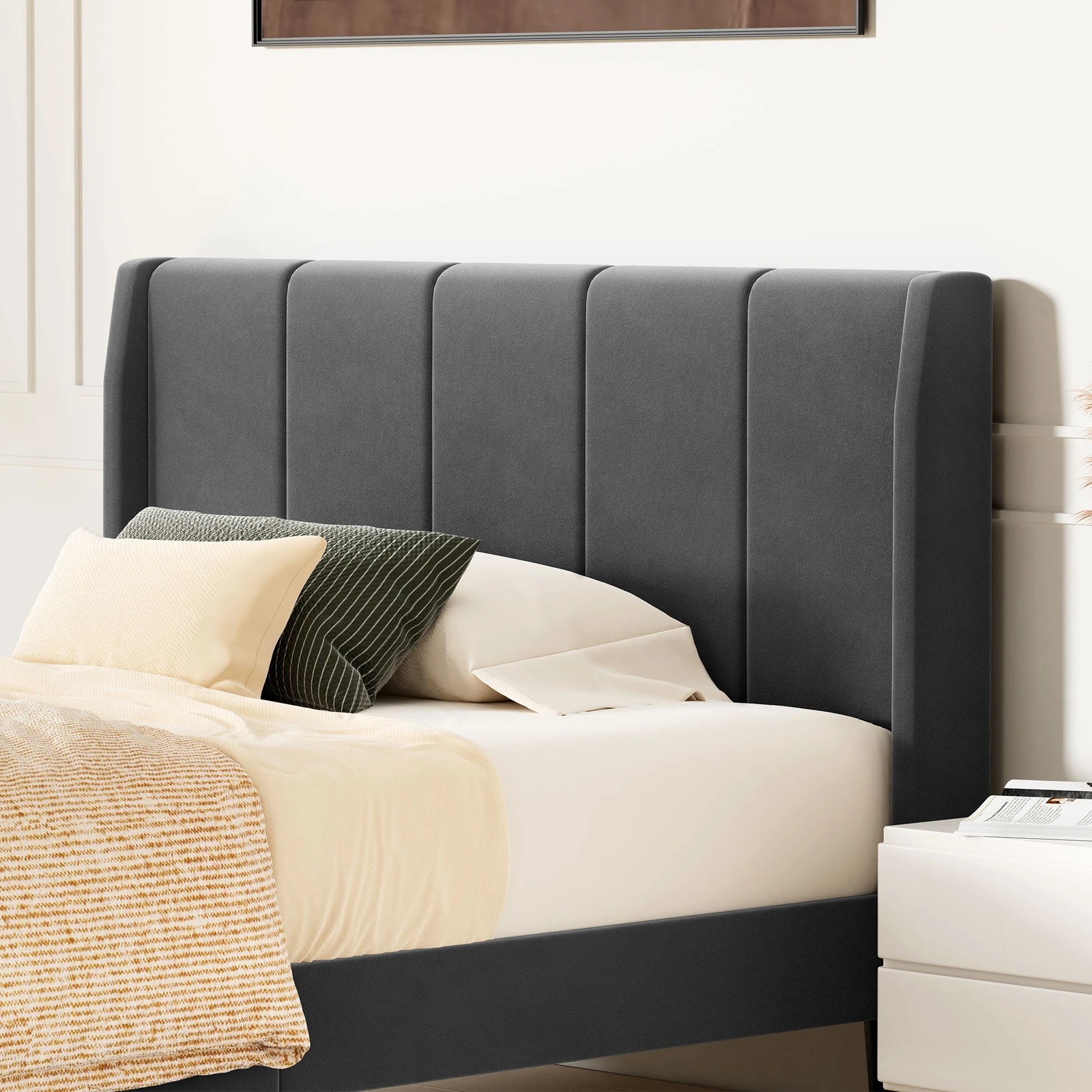 4 Alfordson Bed Frame Single Size Tufted Headboard Base Velvet Hundolf - Grey, 4 of 10