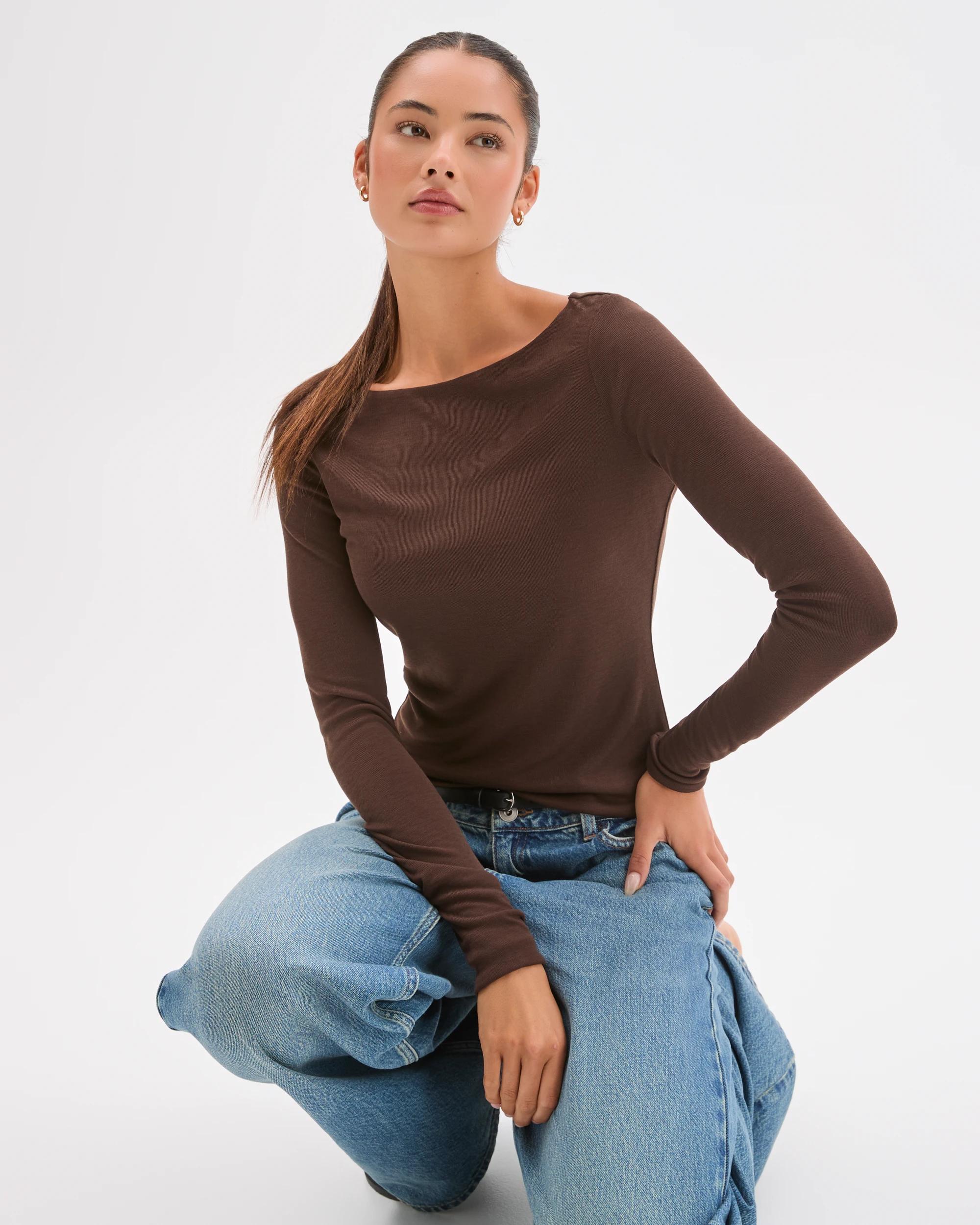 1 Lily Loves Double Layer Boat Neck Long Sleeve Top BROWN, 1 of 7