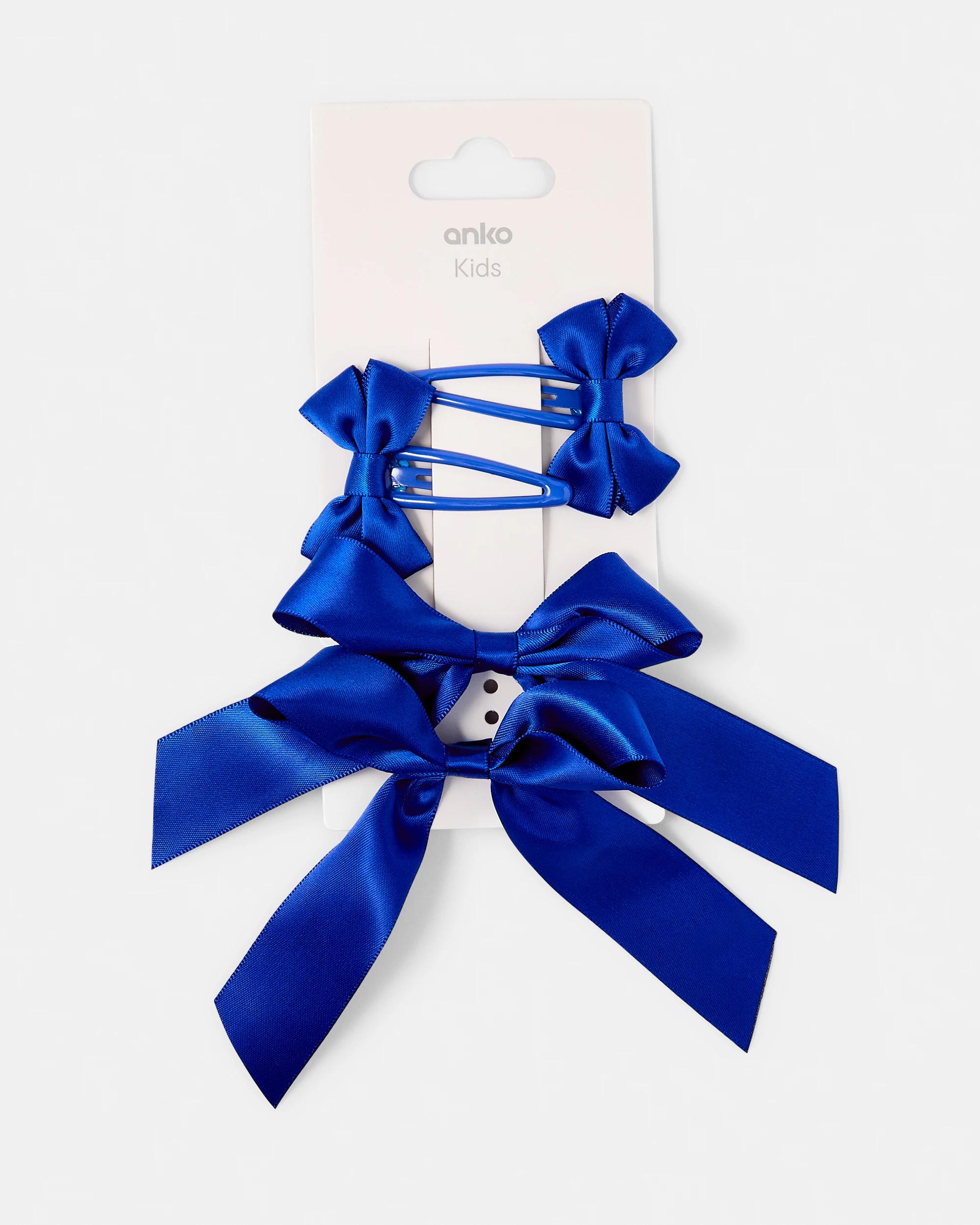 5 4 Pack School Bow Hair Elastics and Clips Set Royal Blue, 5 of 5