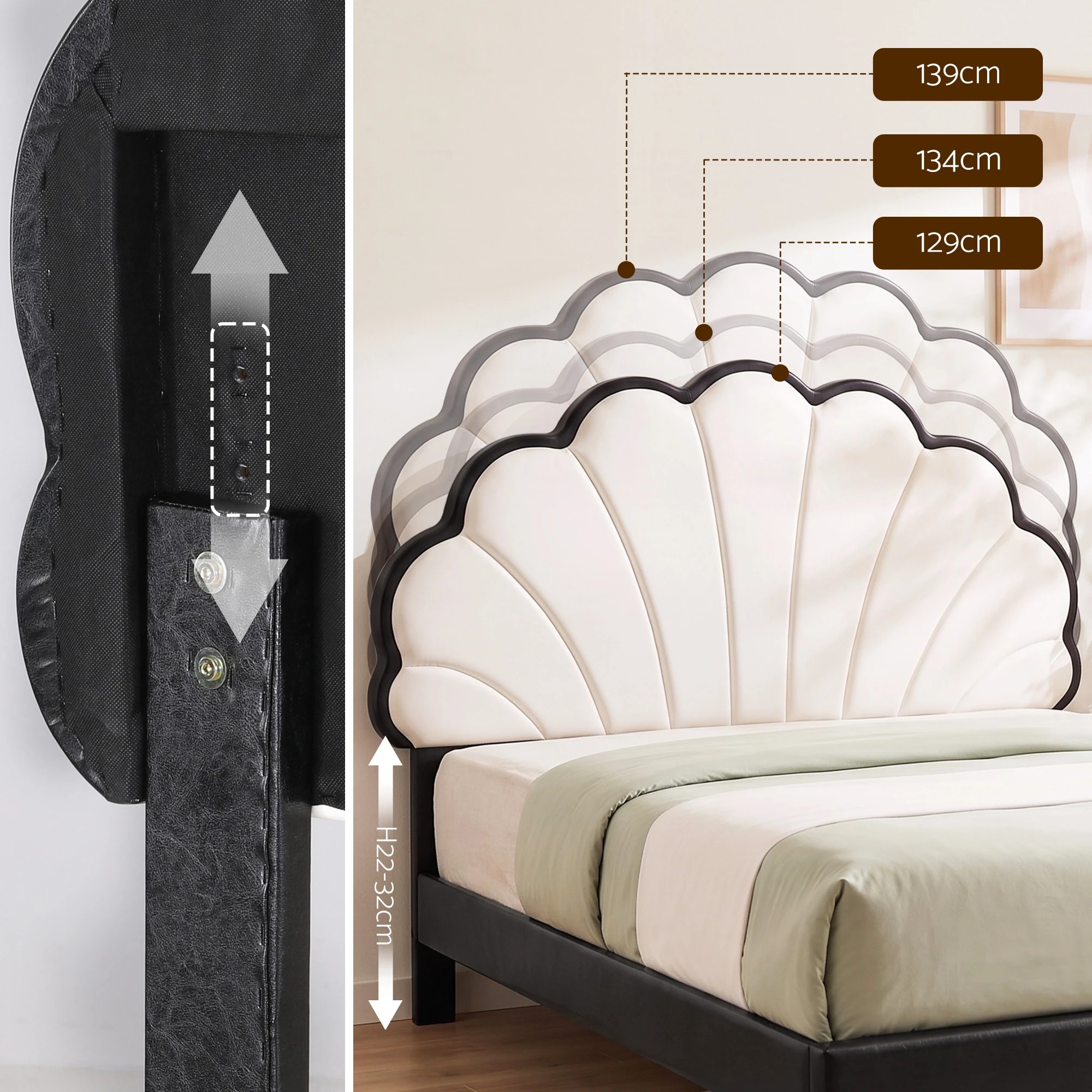 4 Artiss Bed Frame with Adjustable Shell Headboard and PVC Upholstery - Double Bed - Multi, 4 of 9