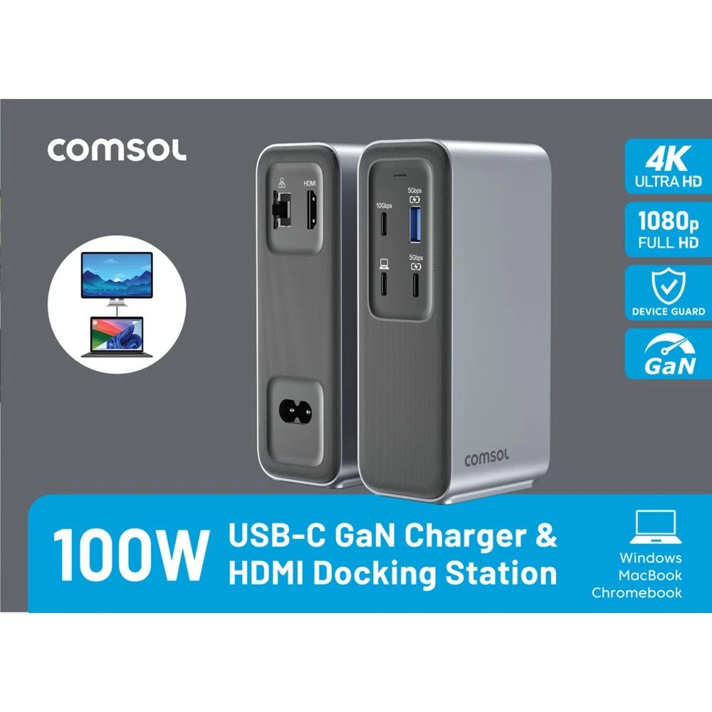 2 Comsol USB-C Docking Station with Integrated 100W PD Charger, 2 of 2