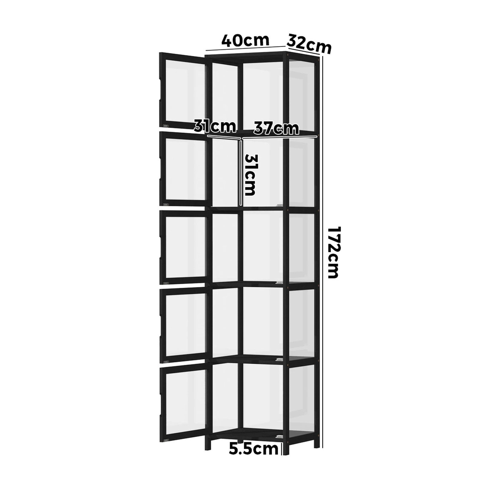 8 Oikiture Display Cabinet 5-tier Slim Storage Shelves Clear Bookcase Rack
 - Black, 8 of 9