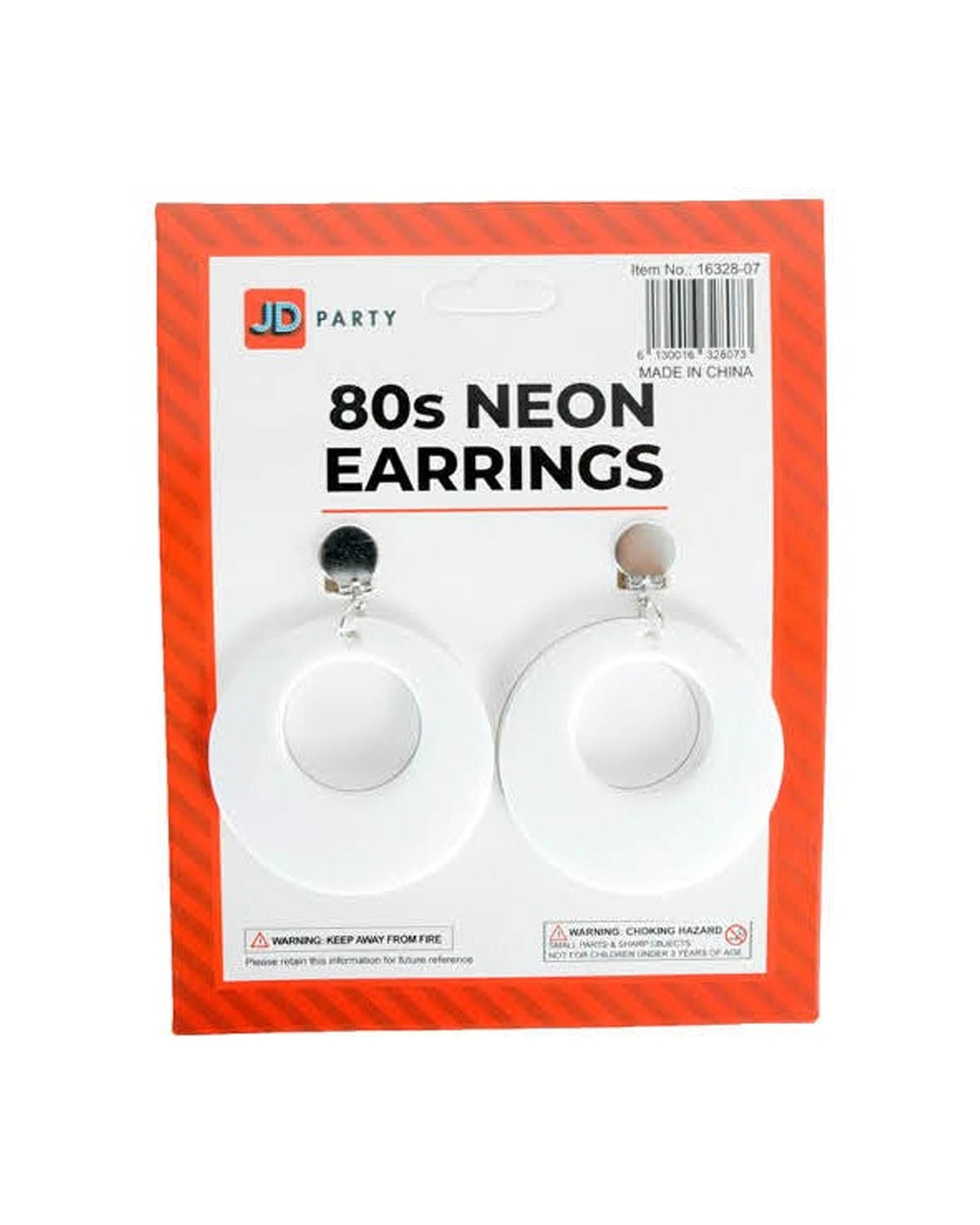 1 JD Party Neon 80s Earrings Retro Style Party Costume Accessory - White, 1 of 1