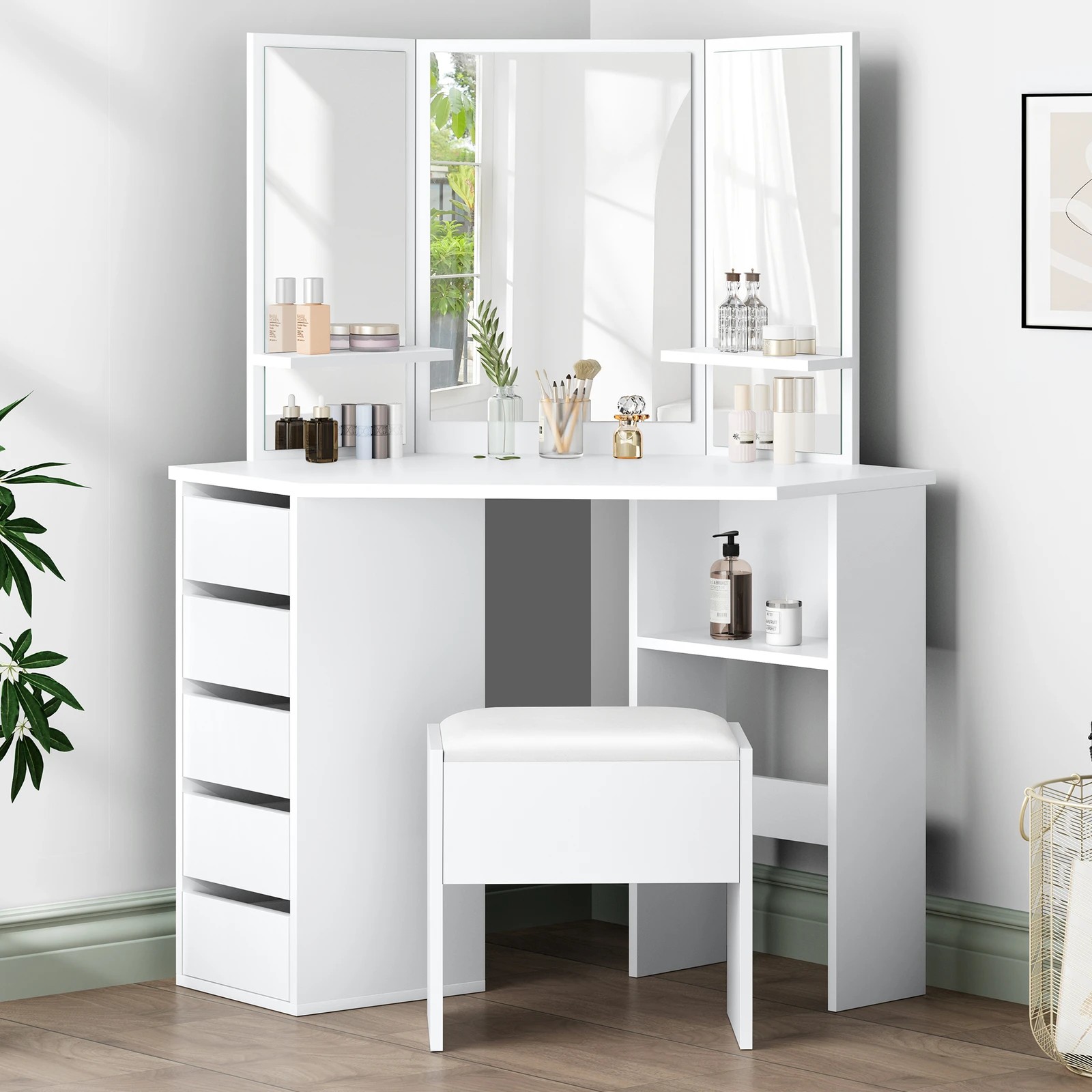 1 Alfordson Dressing Table Stool Set Makeup Tri-fold Mirror Vanity Desk - White, 1 of 10