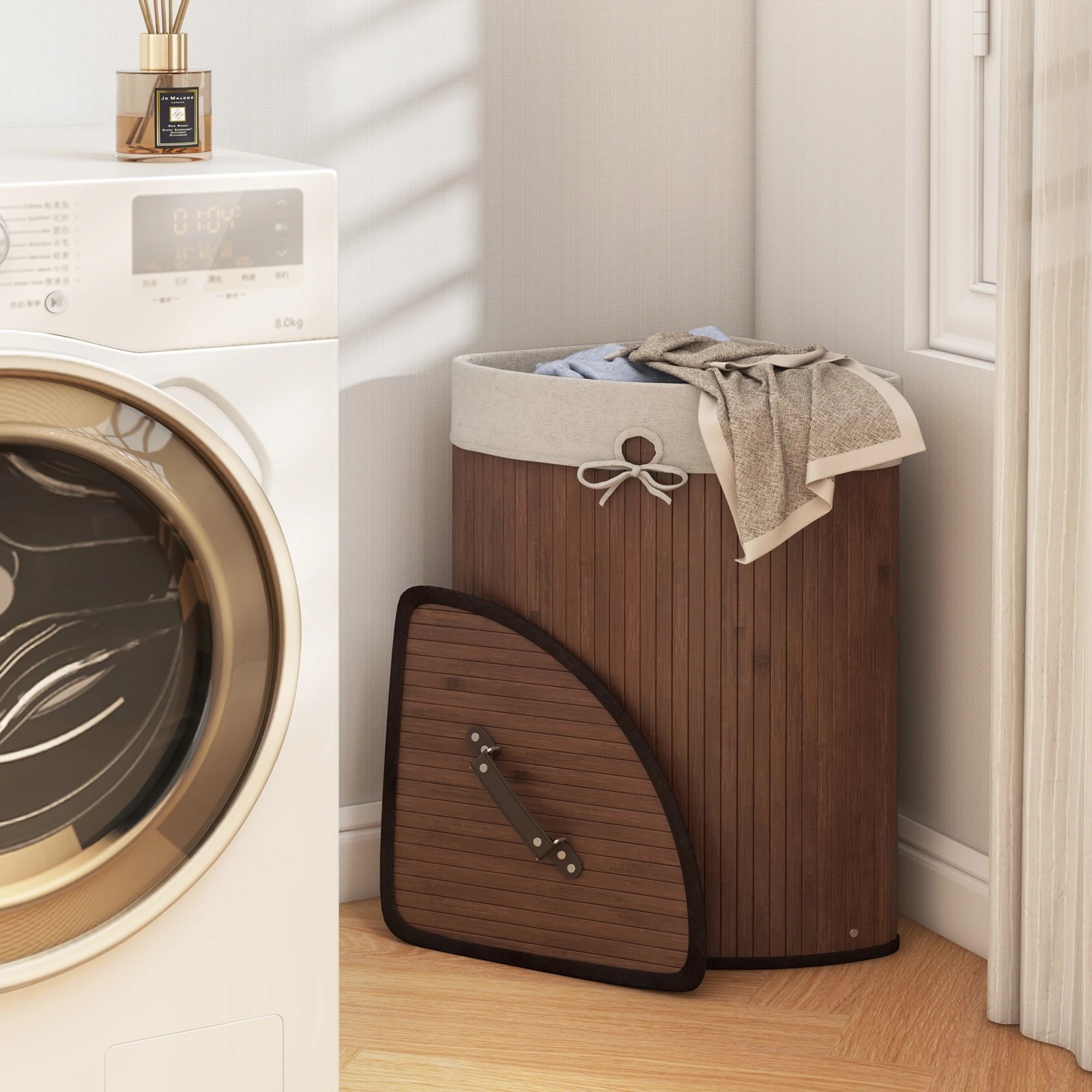 2 Costway 72L Bamboo Laundry Hamper Corner Storage Basket w/Lid - Brown, 2 of 5