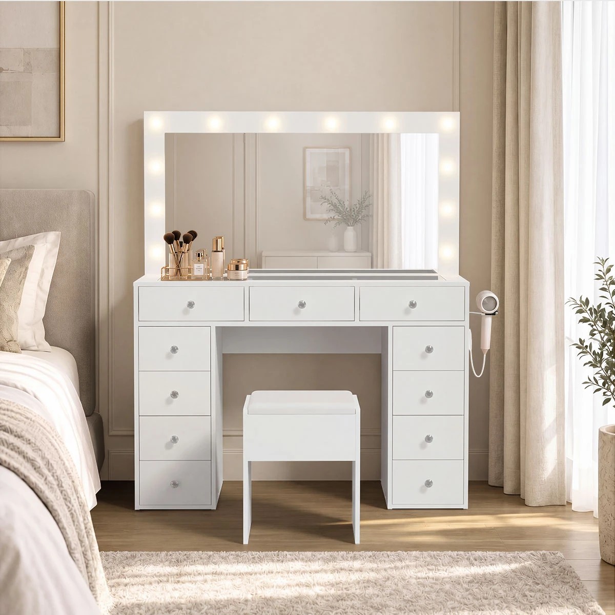 Oikiture Dressing Table Set LED Lights Glass Tabletop 11 Drawers ...