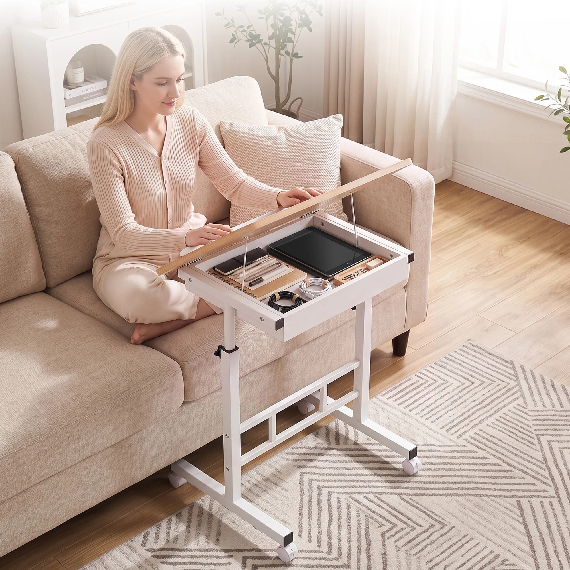8 Artiss Adjustable Laptop Desk Mobile Bedside Table Hidden Storage Wood - Natural, 8 of 10