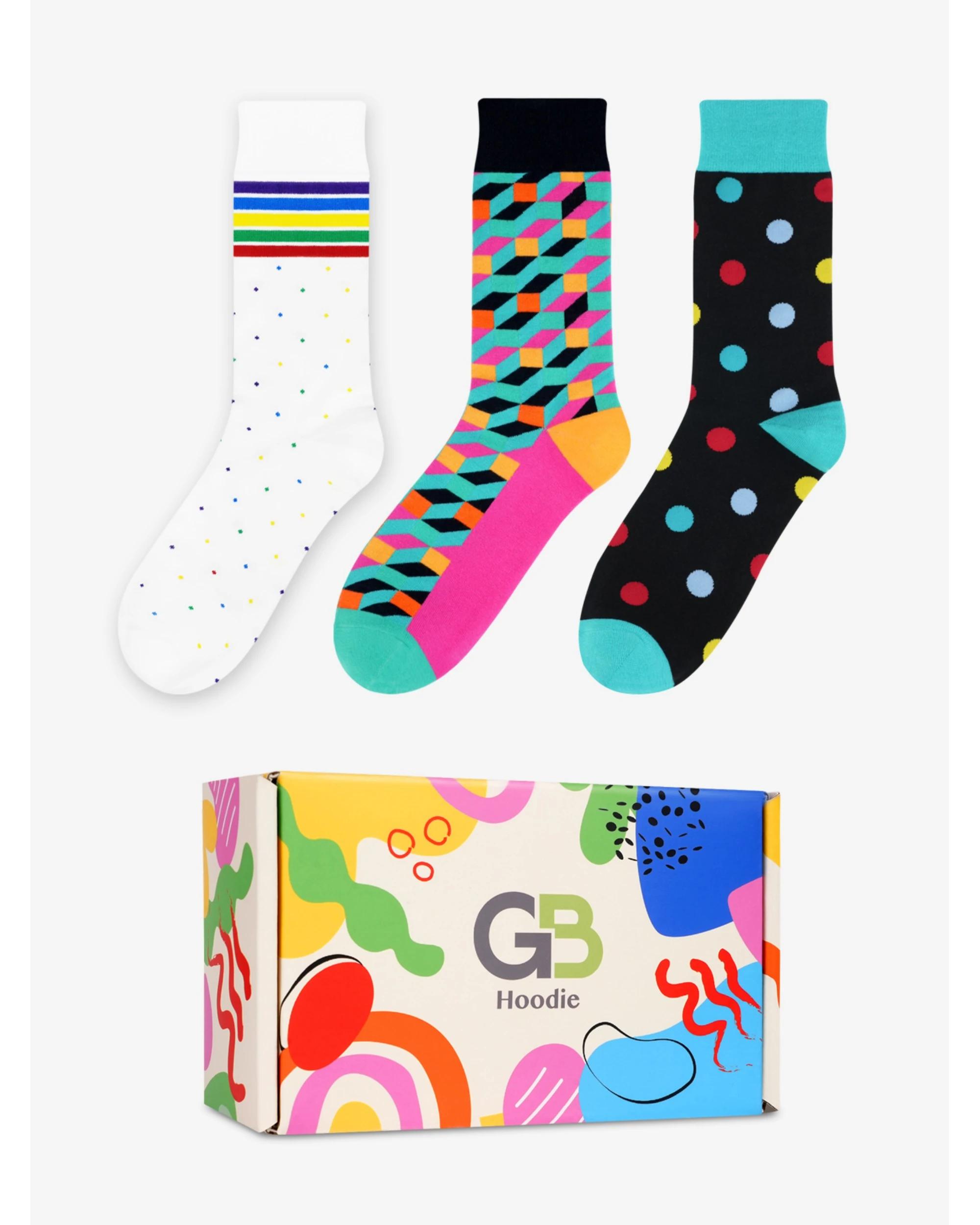 1 Advwin Medium Geometric Series 3-Pair Unisex Brightly Colored Fun Socks GEOMETRIC SERIES, 1 of 4