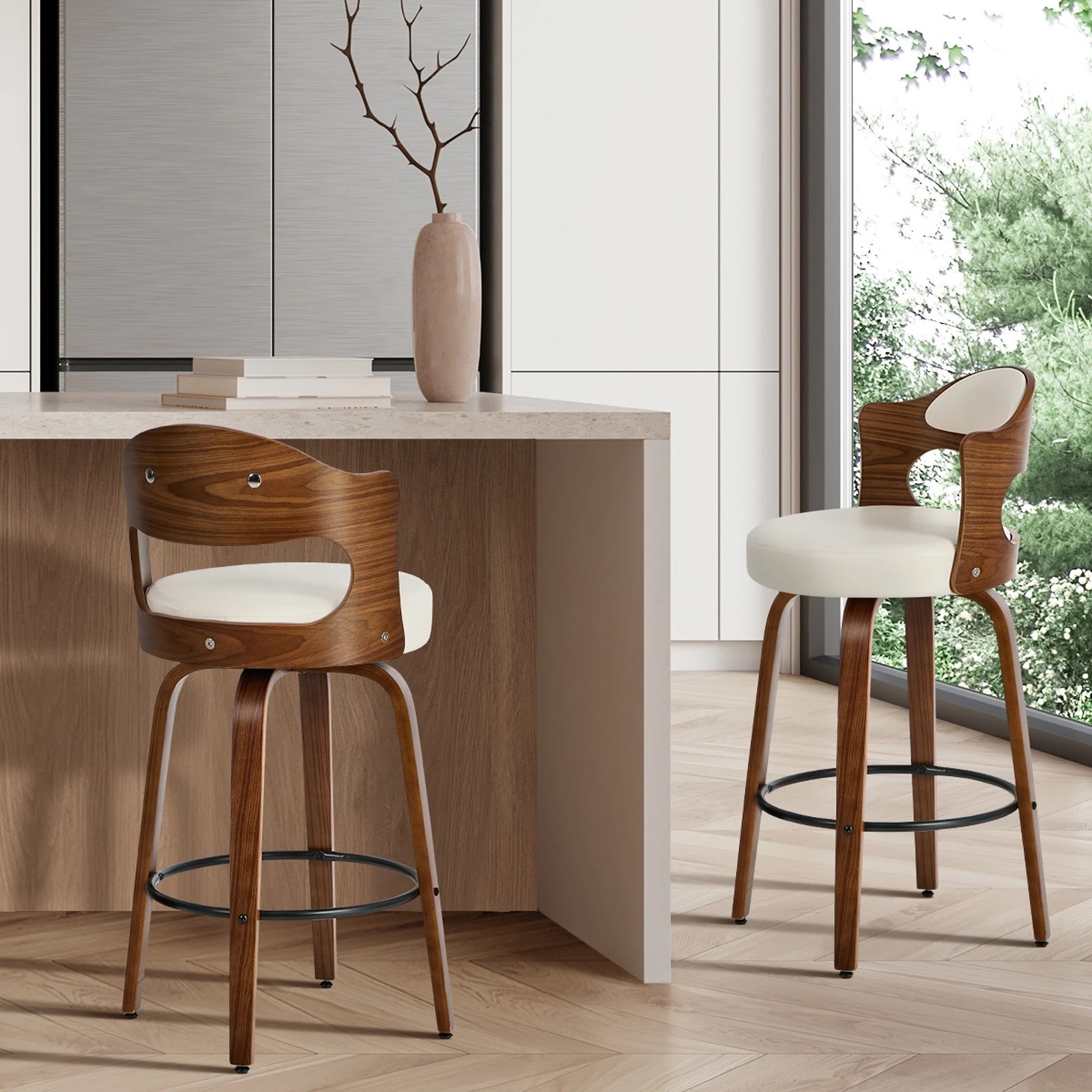 4 Oikiture 2x Bar Stools Kitchen Swivel Counter Chair Shell Leather - White, 4 of 8