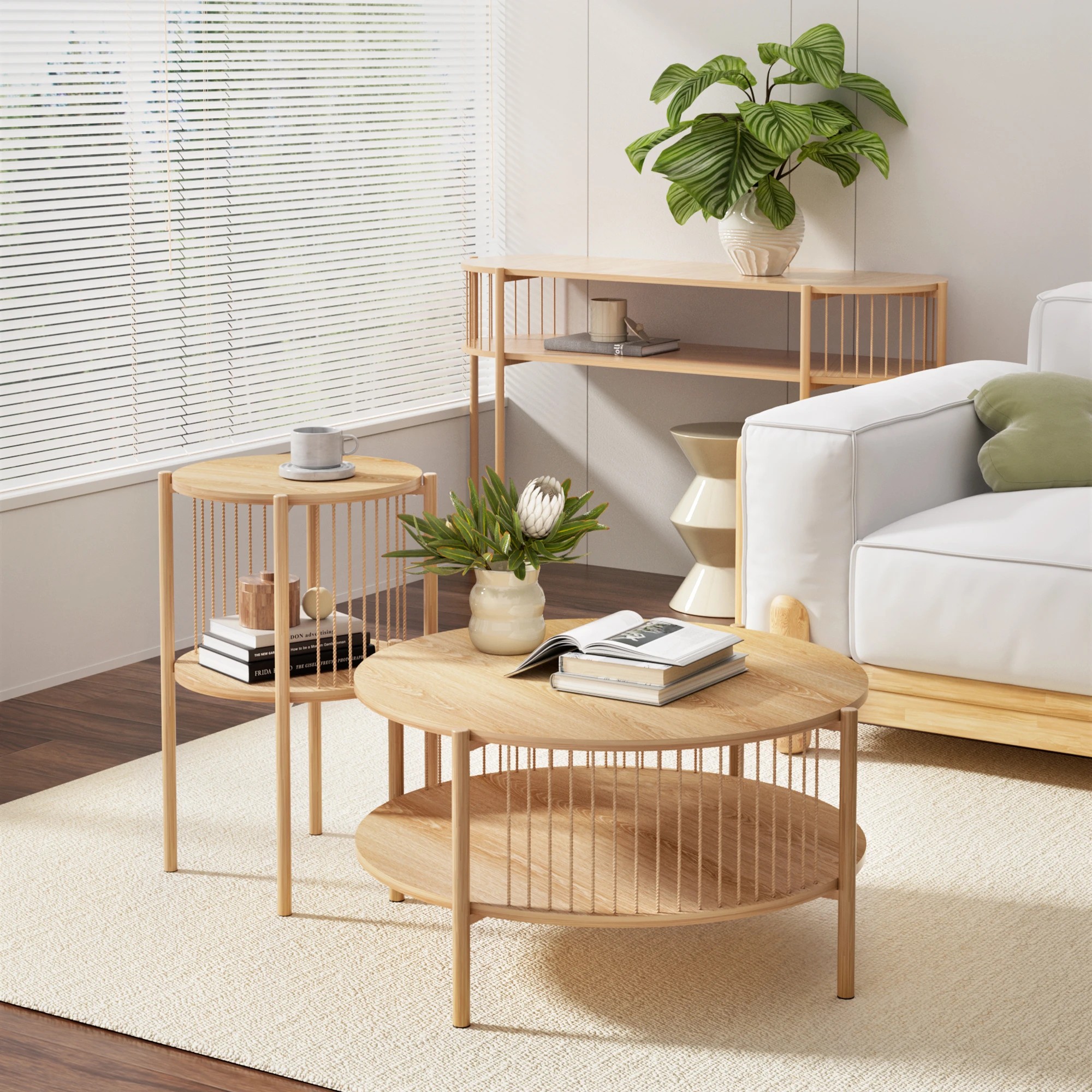 7 Artiss End Tables 2Pcs Coffee Table Boho Bedside Nightstand 2-Tier Round Wood - Natural, 7 of 8