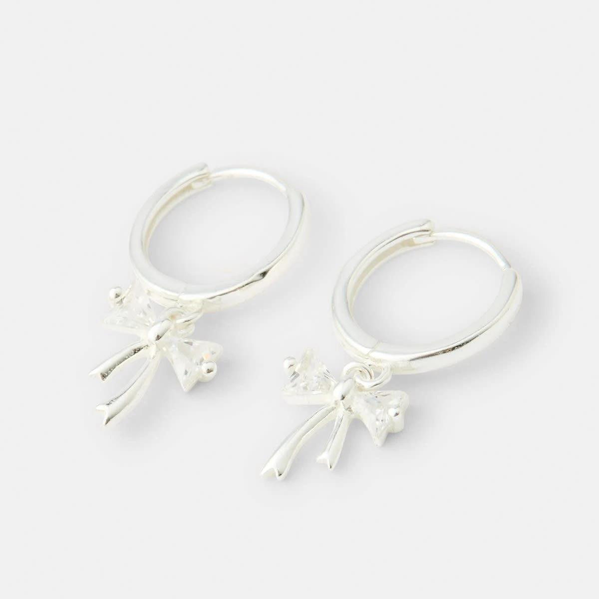 2 Cubic Zirconia Sterling Silver 925 Bow Hoop Earrings Silver, 2 of 5