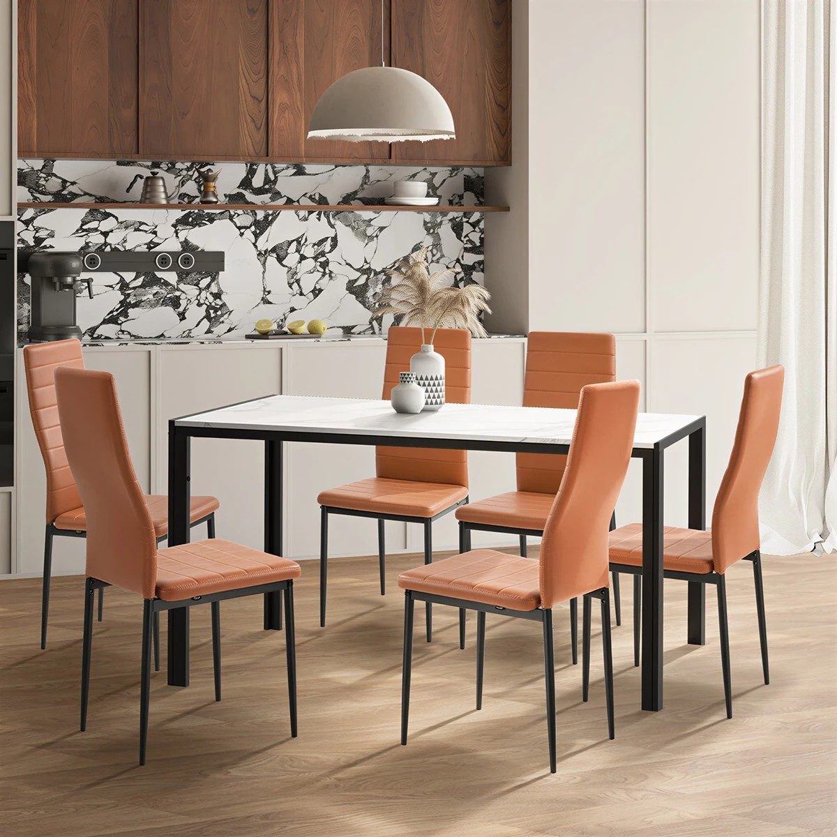 6 Oikiture 6PCS Dining Chairs High-Back Kitchen Chair Padded Faux Leather- Brown, 6 of 10