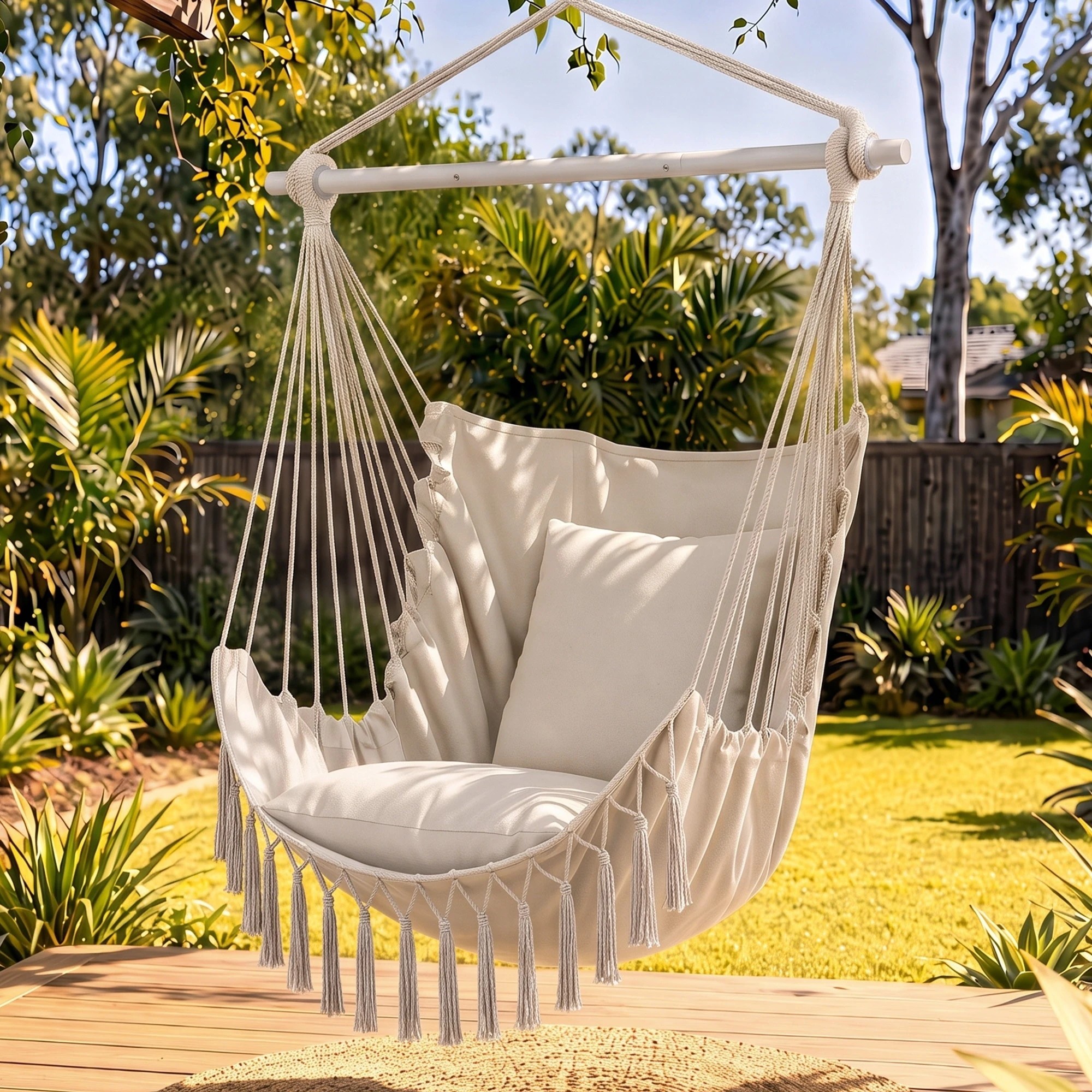 3 Gardeon Hammock Chair Camping Macrame Hanging Swing with Cushions Tassels 120kg Capacity - Beige, 3 of 8