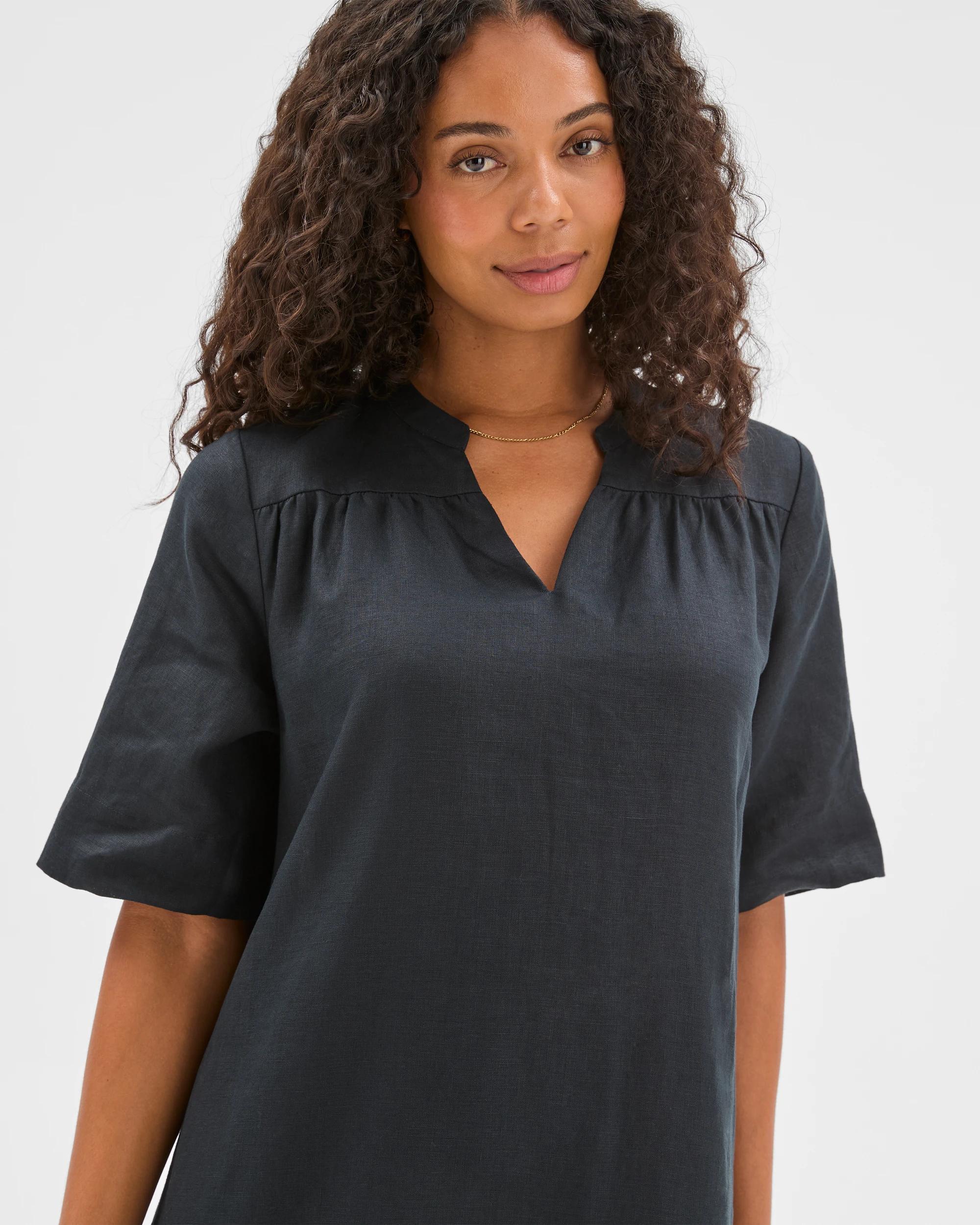 4 Target Woman European Linen Short Sleeve V-Front Mini Dress BLACK, 4 of 6
