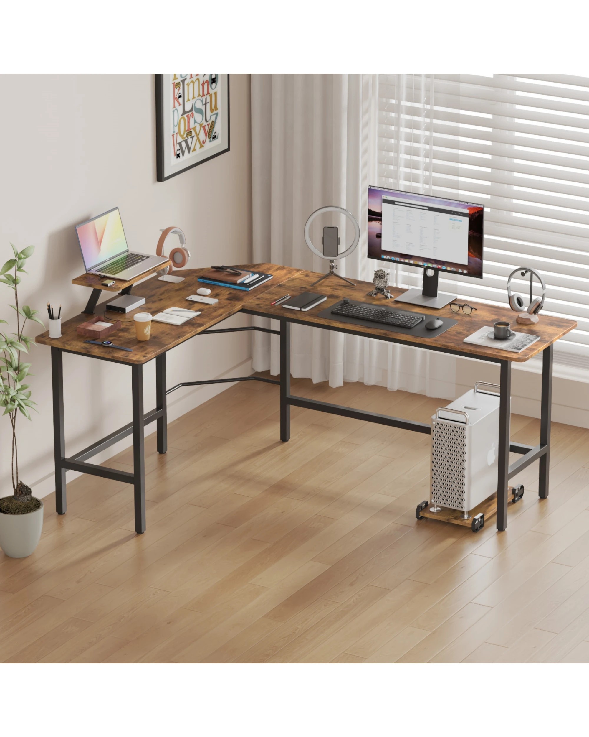 9 Advwin L-shaped Corner Desk With Laptop Stand Workstation Home Work Computer Desk Office Table - Brown, 9 of 9