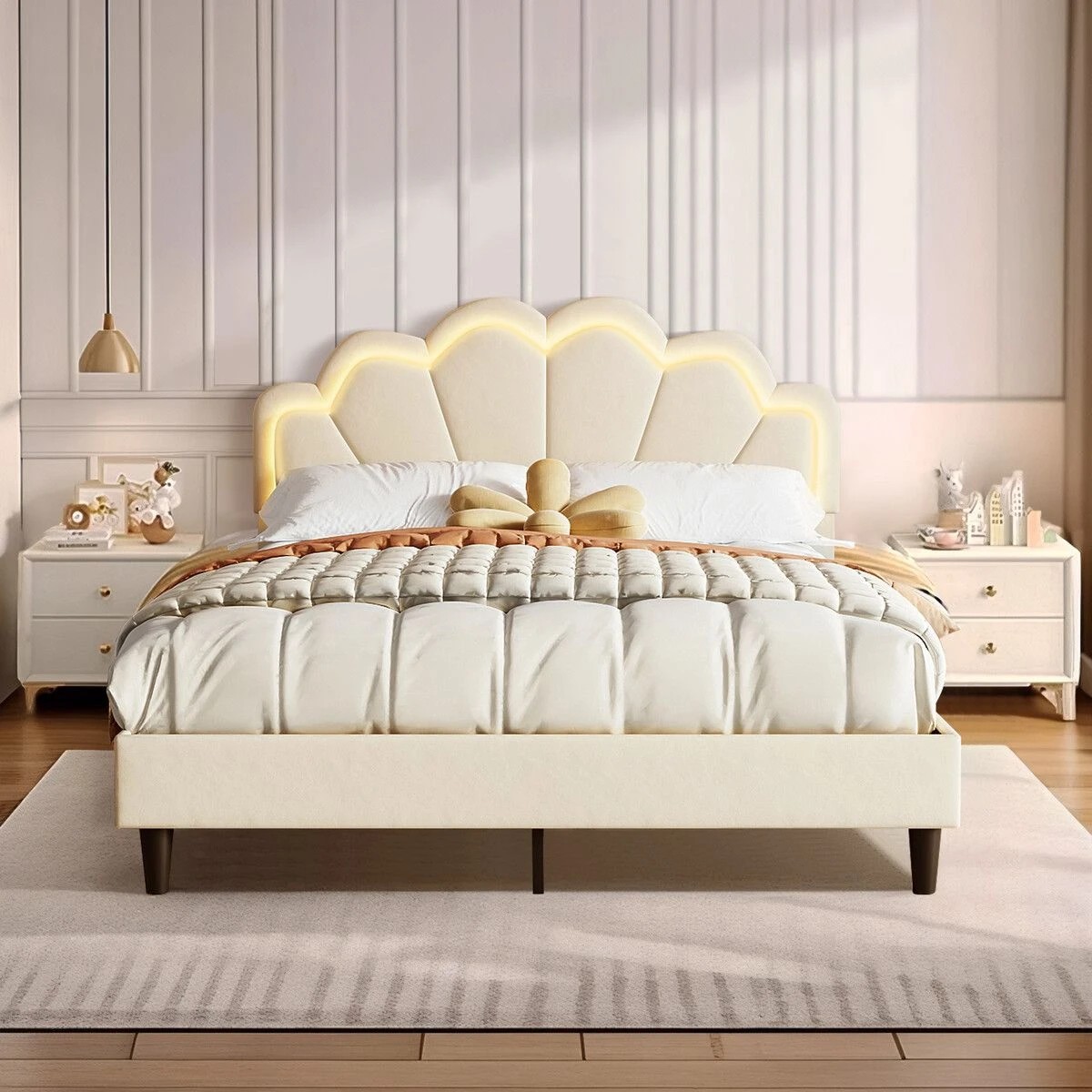 3 AUSWAY Wood Queen Bed Frame with LED Headboard Metal, 3 of 5