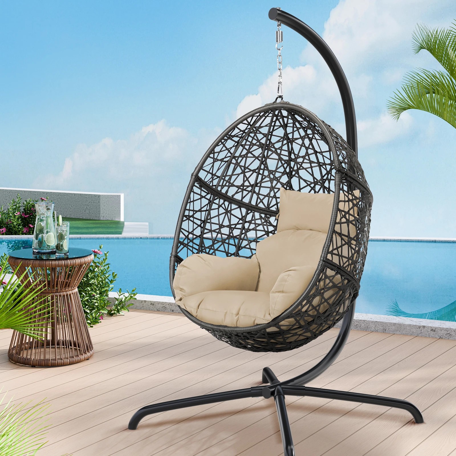 2 Alfordson Outdoor Egg Swing Chair Wicker Rattan Pod Basket Hanging Seat - Beige, 2 of 10