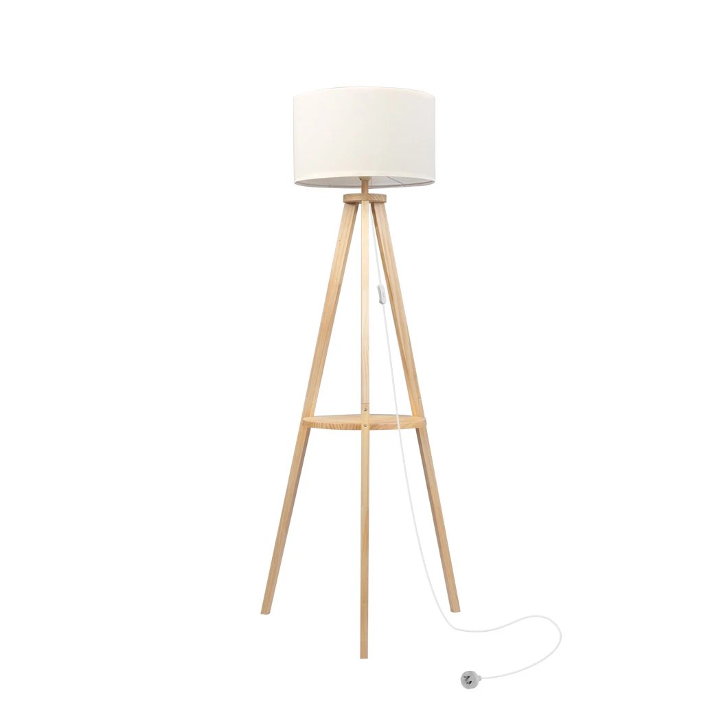1 Emitto Solid Wood Tripod Floor Lamp Light Beige Colour with Shelf, 1 of 6