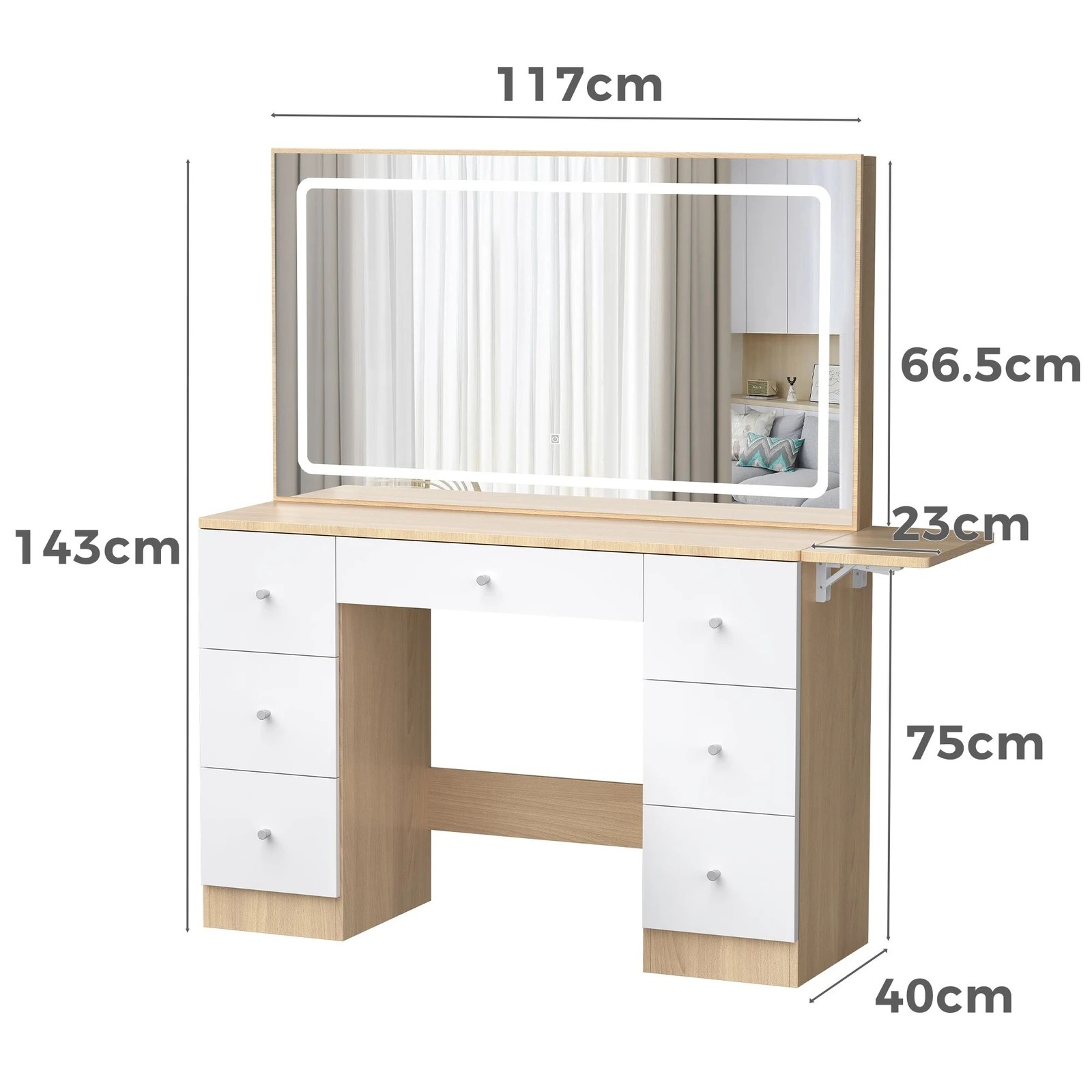 8 Alfordson Dressing Table Stool Set Makeup Mirror LED Vanity Desk 7 Drawers - Wood, 8 of 10