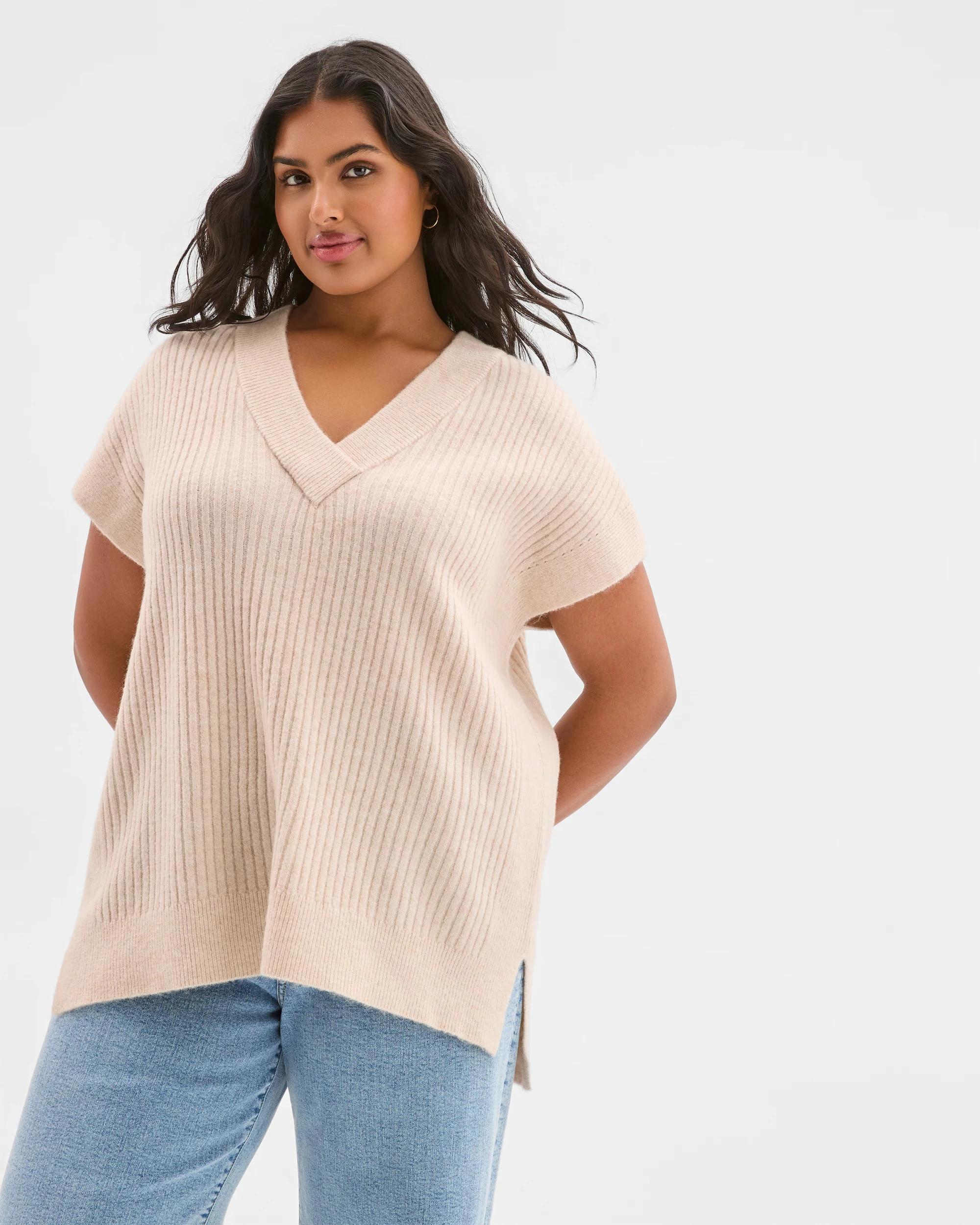 4 Target Curve Plus Size Sleeveless V-Neck Longline Knit Vest OATMEAL MARLE, 4 of 5