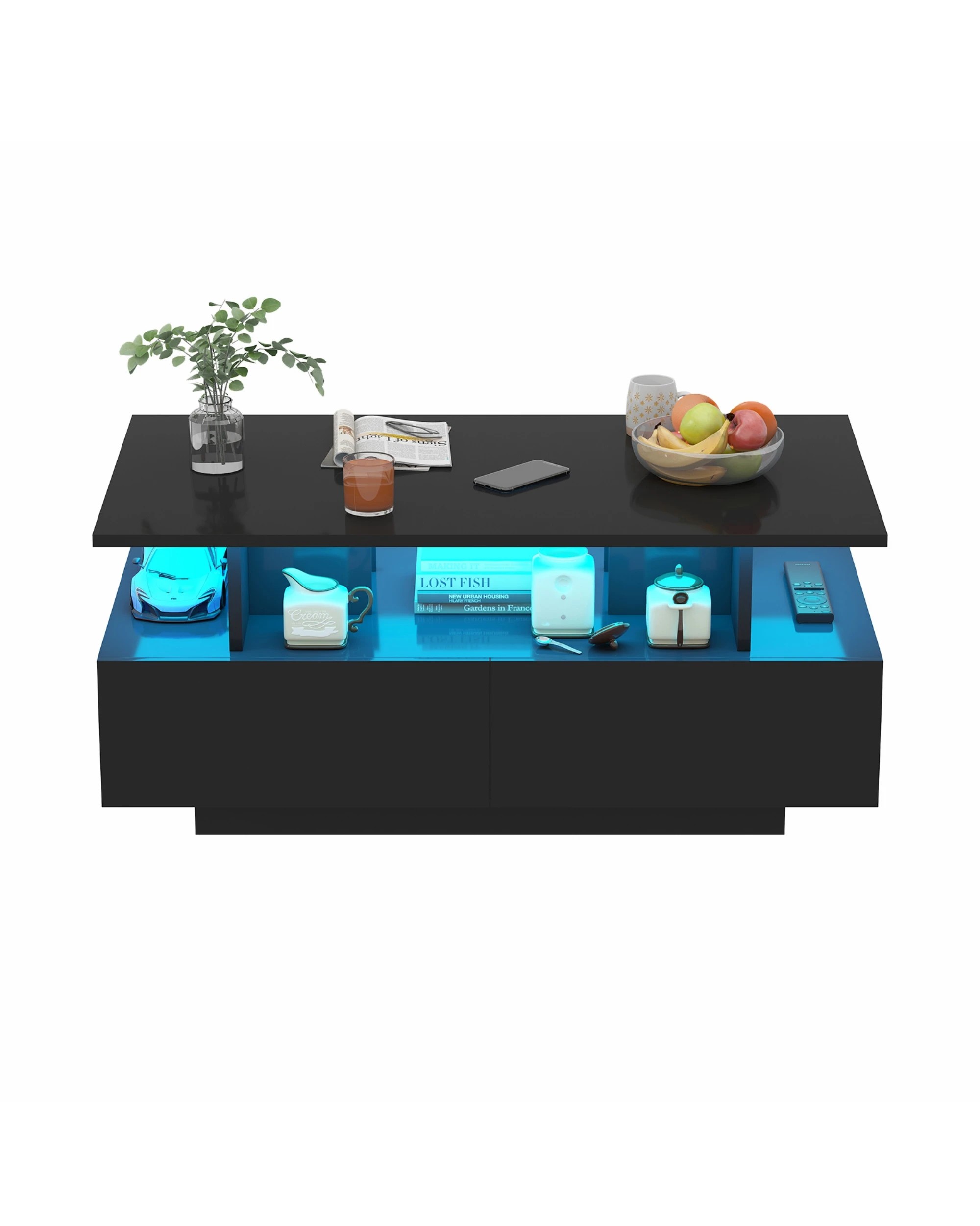 5 Advwin LED Coffee Table w/ 4 Storage Drawers High Gloss Central Table w/ Open Display Shelf, 5 of 9