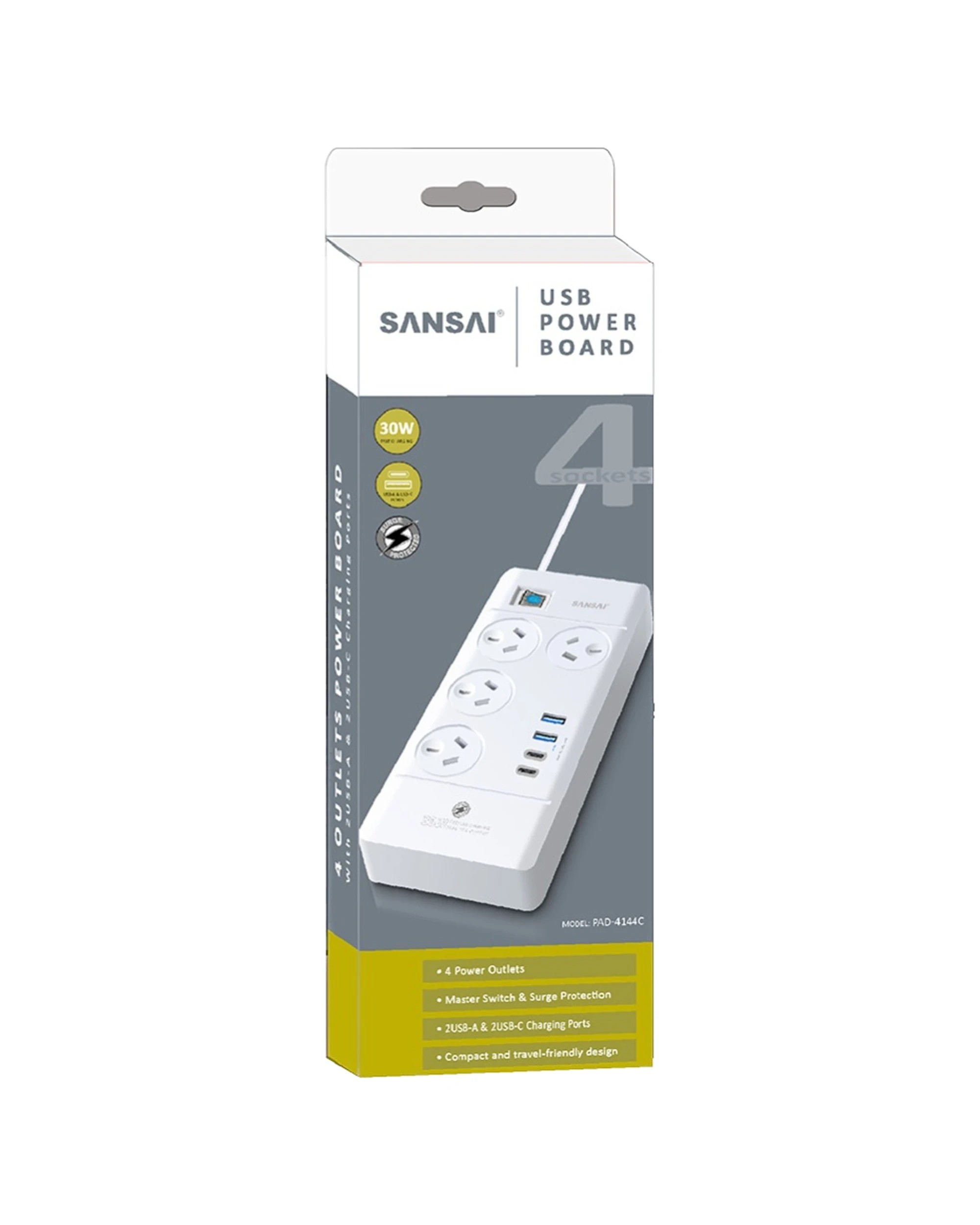 2 Sansai 4 Outlet Powerboard With USB A And C Ports 30W USB Output 1m Cord - White, 2 of 2