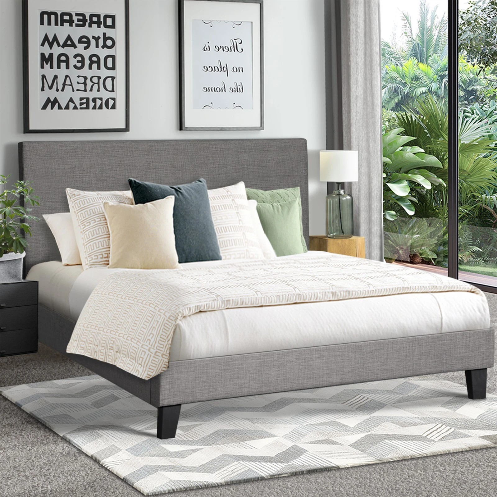 4 Oikiture Bed Frame Double Size Wooden Slats Fabric - Grey, 4 of 10