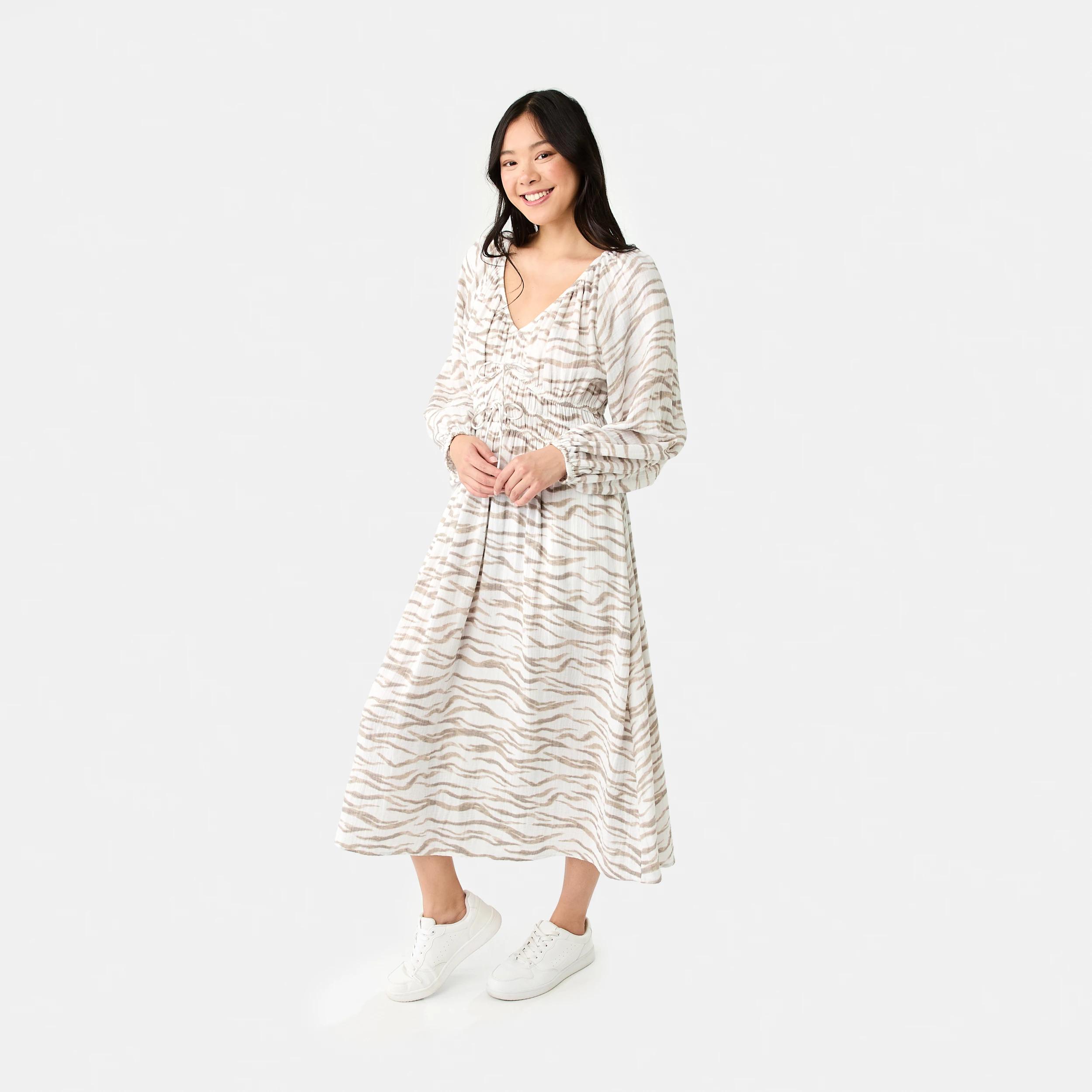3 Long Sleeve Shirred Detail Midi Dress SOFT ZEBRA CLOUD DANCER, 3 of 8