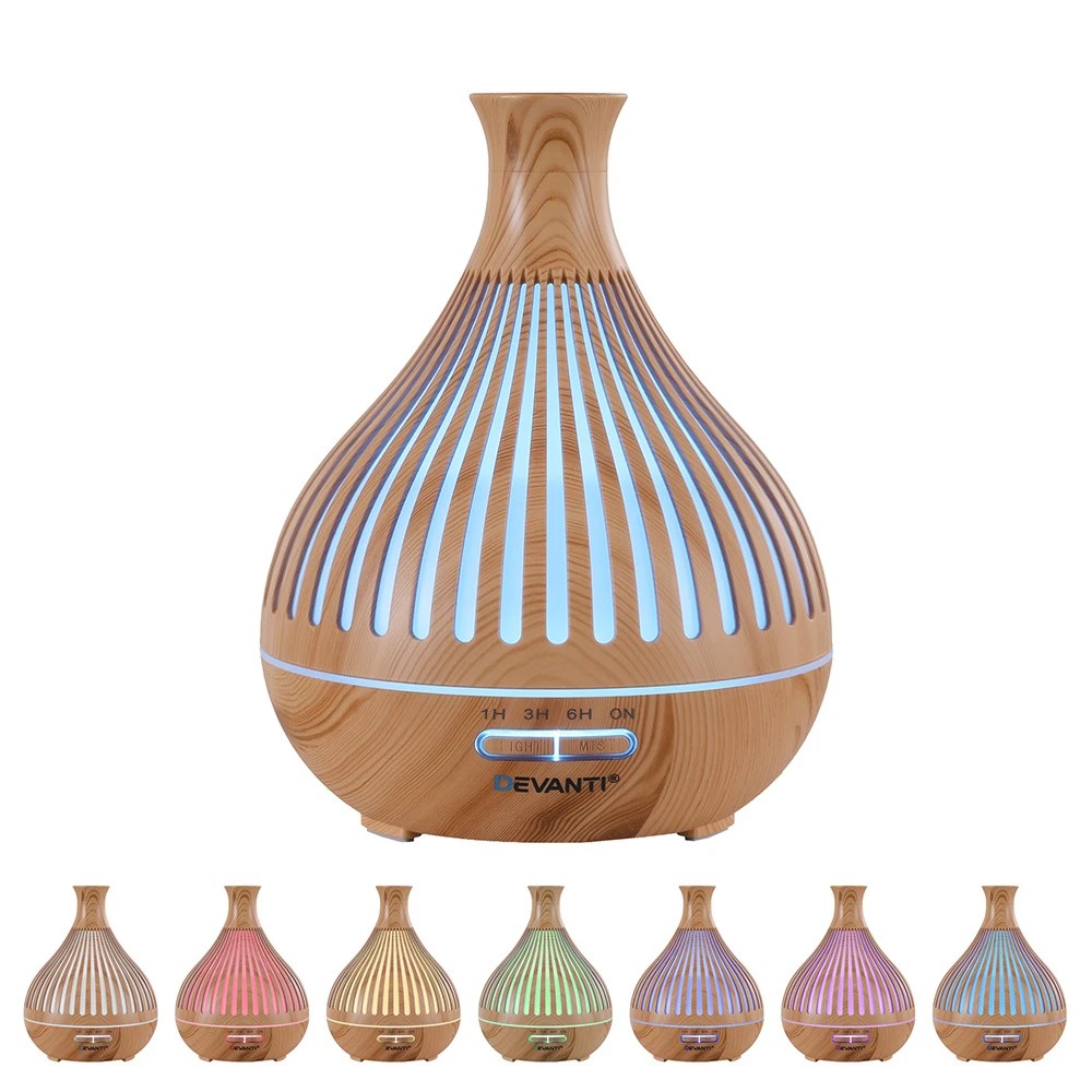 1 Devanti Ultrasonic Aroma Diffuser Aromatherapy 400ml LED Lights Iron Humidifier  Light wood grain - Natural, 1 of 9