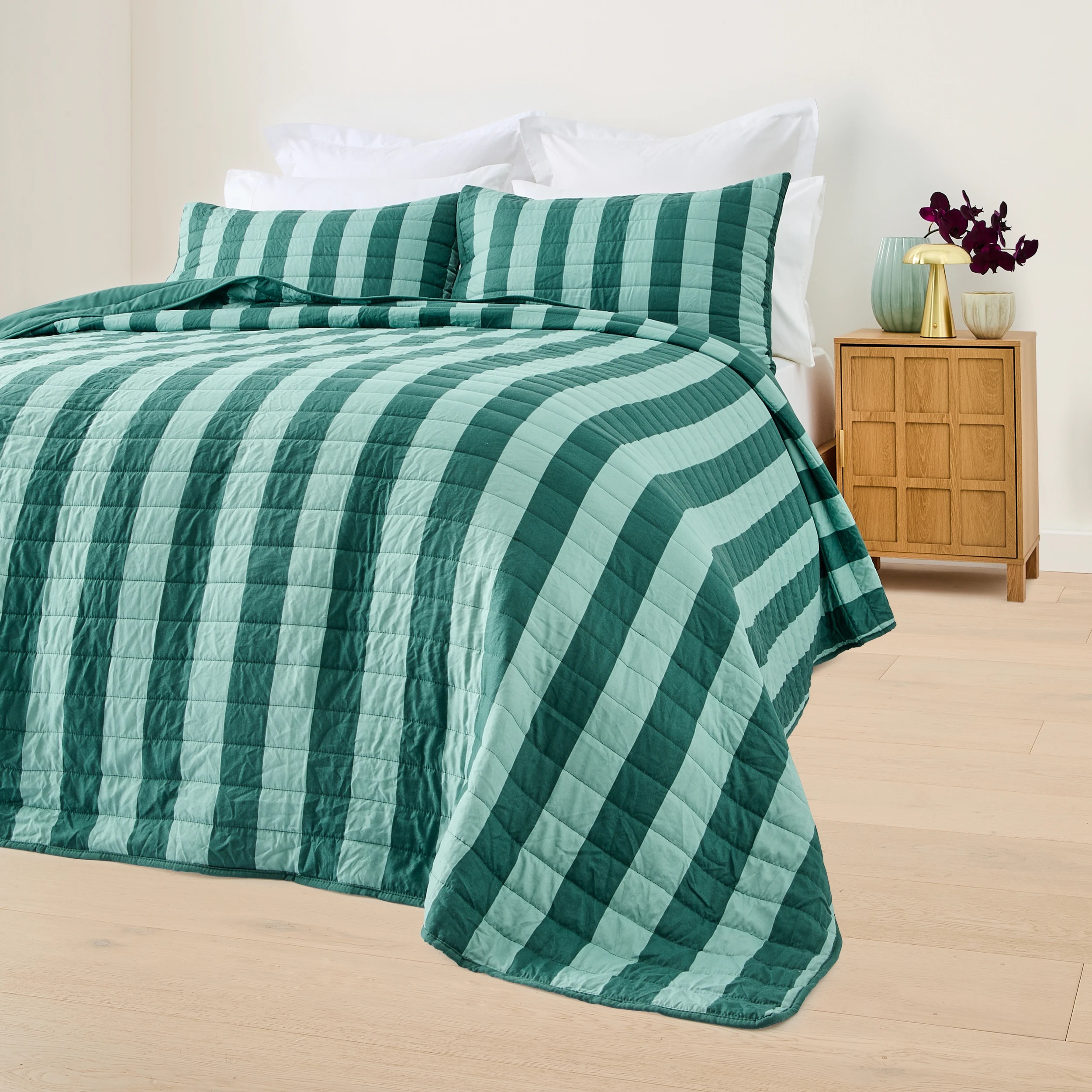 3 Reversible Stripe Coverlet Set - Queen/King Bed, Teal, 3 of 9
