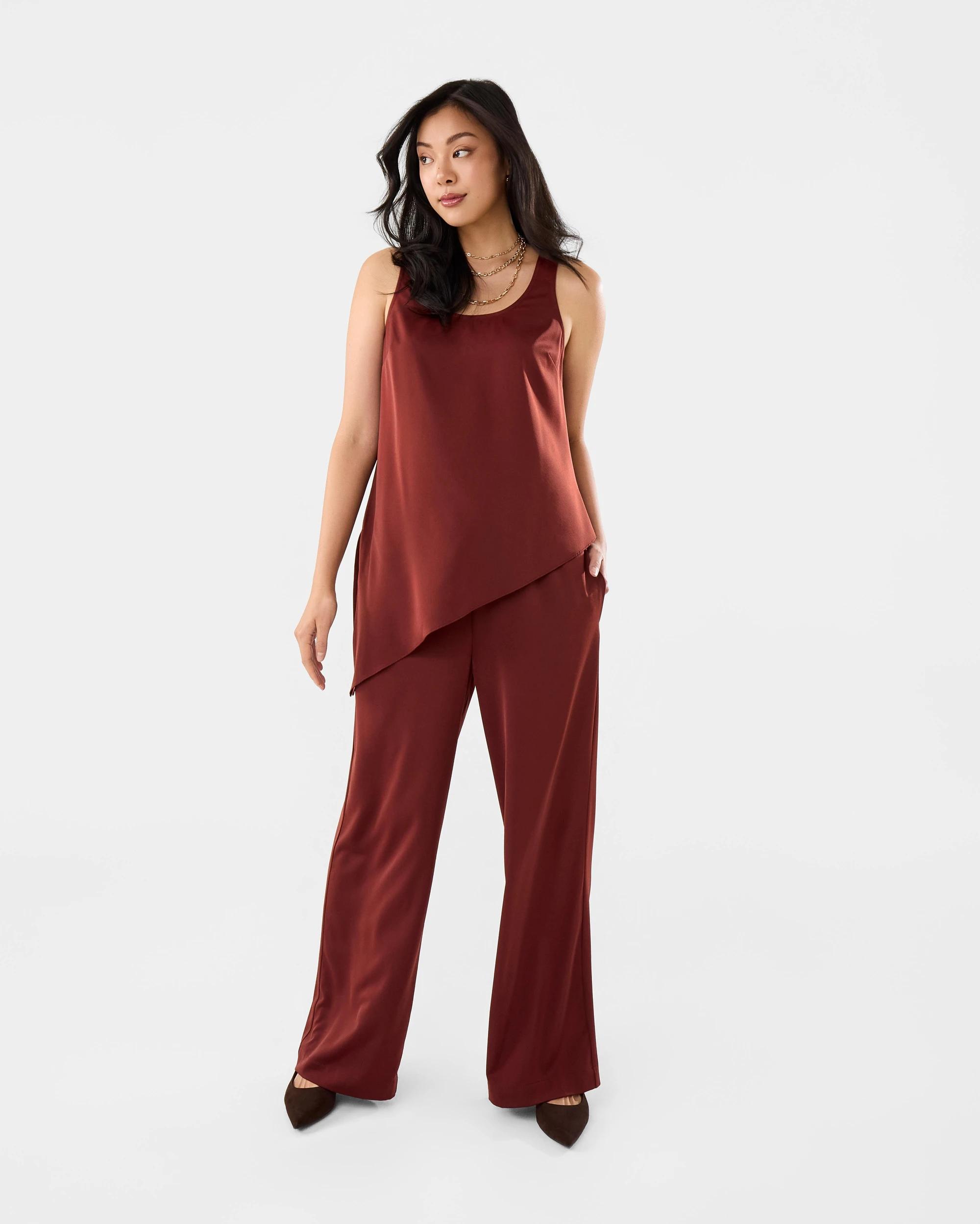 2 Sleeveless Asymmetrical Satin Scoop Tank Burnt Rust, 2 of 8