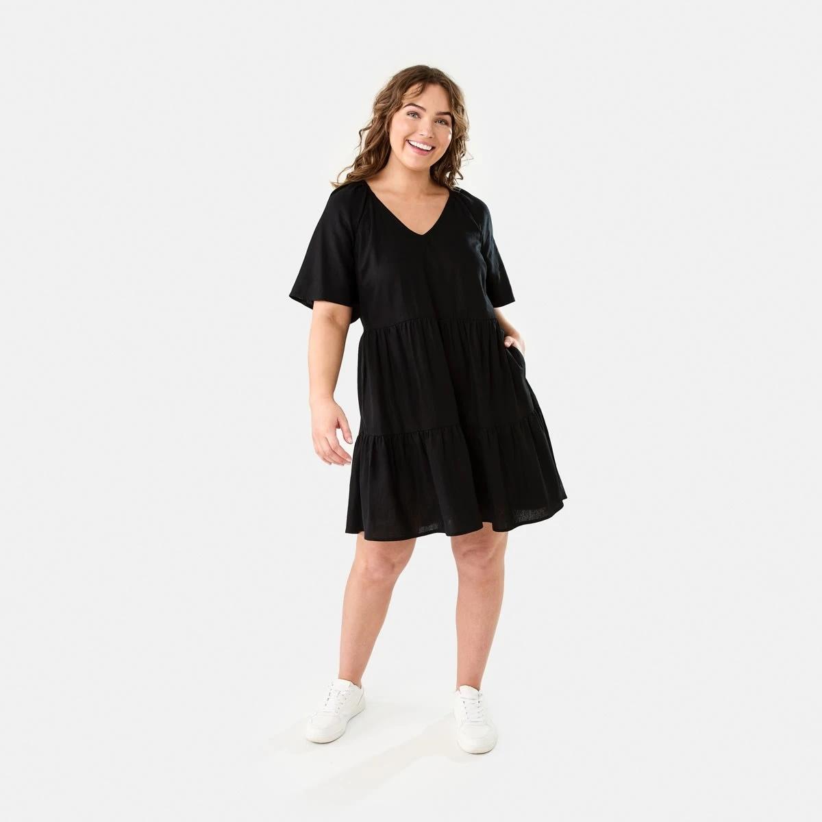 9 Short Sleeve Linen Blend Tiered Mini Dress BLACK, 9 of 9