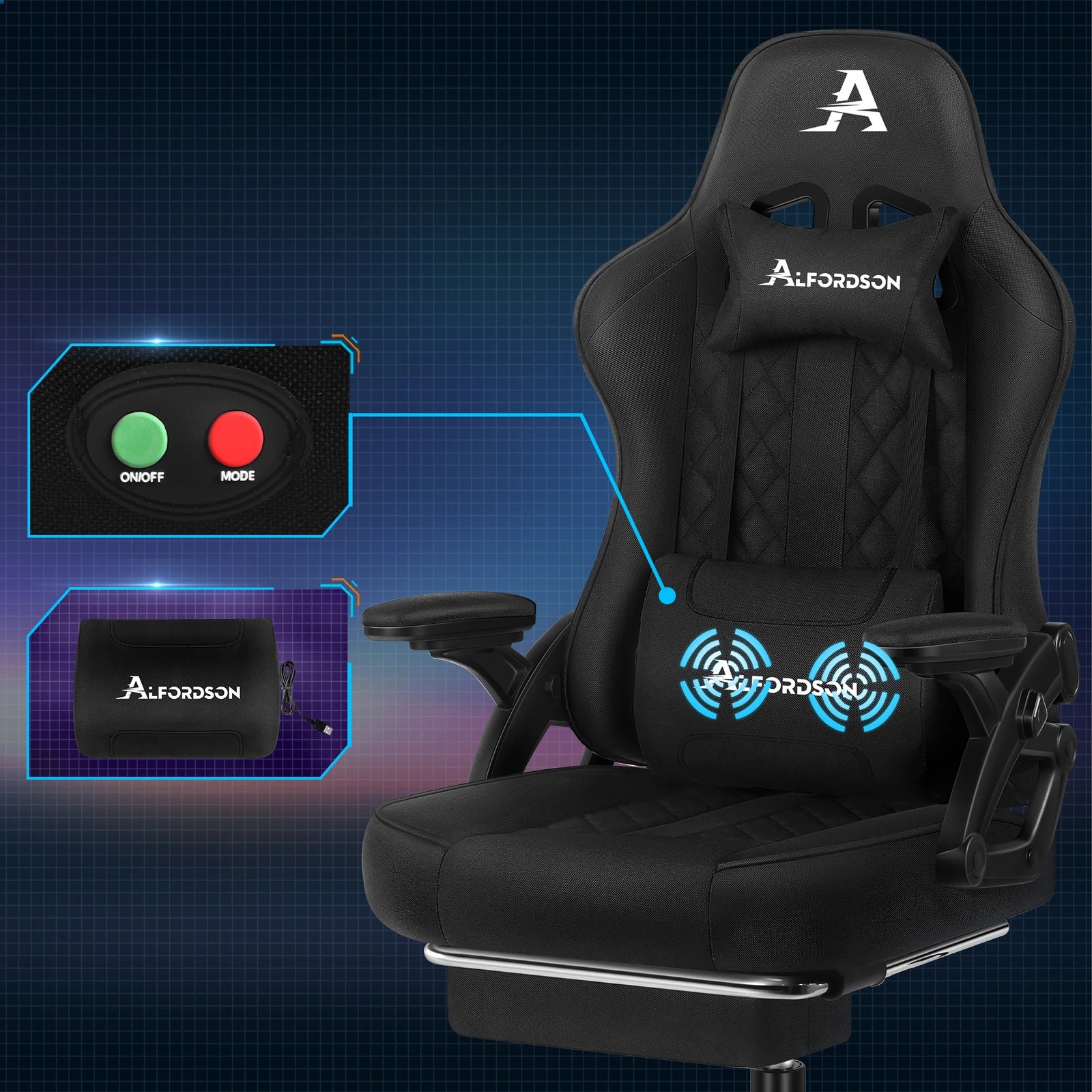 3 Alfordson Gaming Office Chair Massage Computer Footrest Seat Fabric - Black, 3 of 10