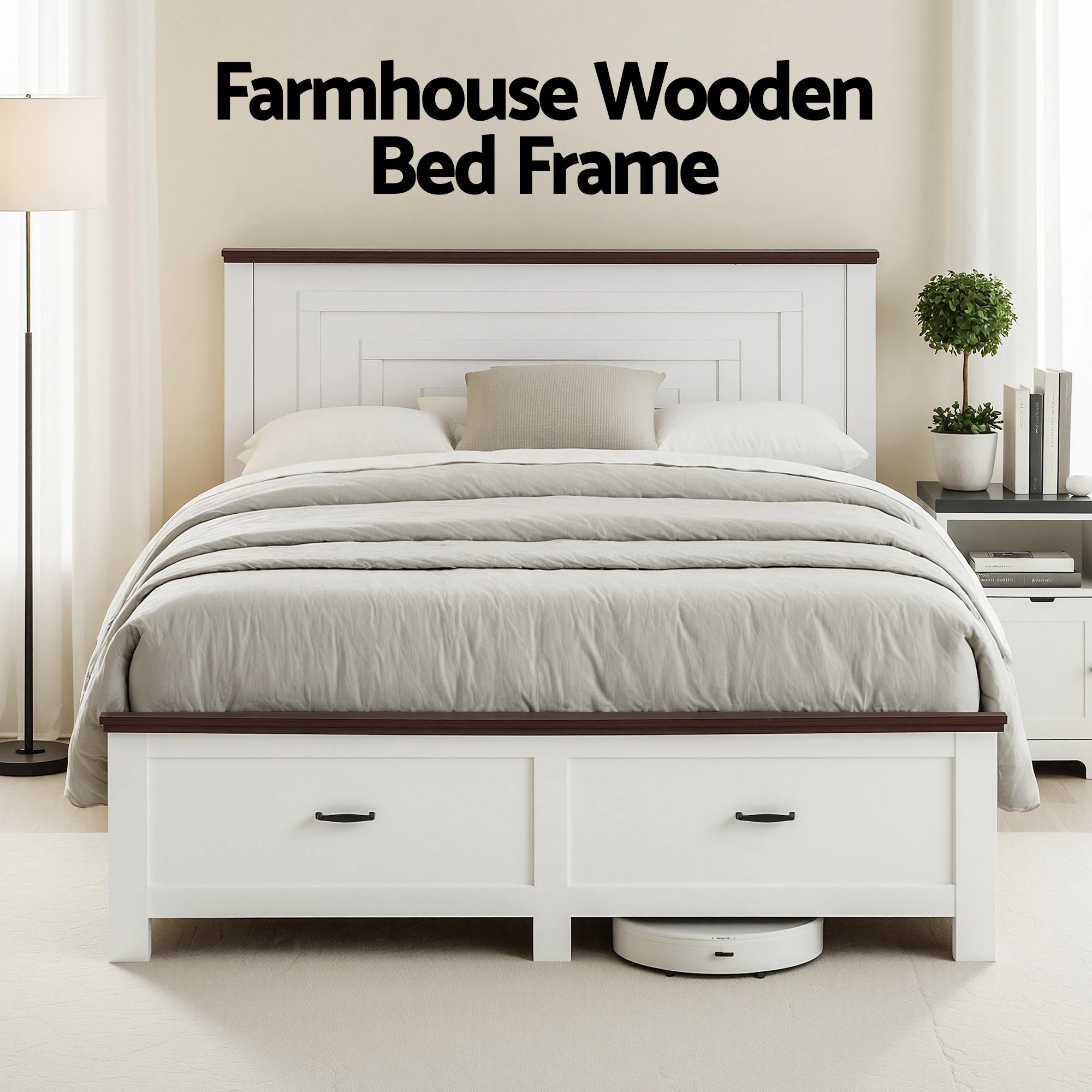 4 Artiss Queen Wooden Bed Frame with 2 Drawer Platform Bed with 108cm Solid High Headboard  Bed Base for Bedroom - White, 4 of 7