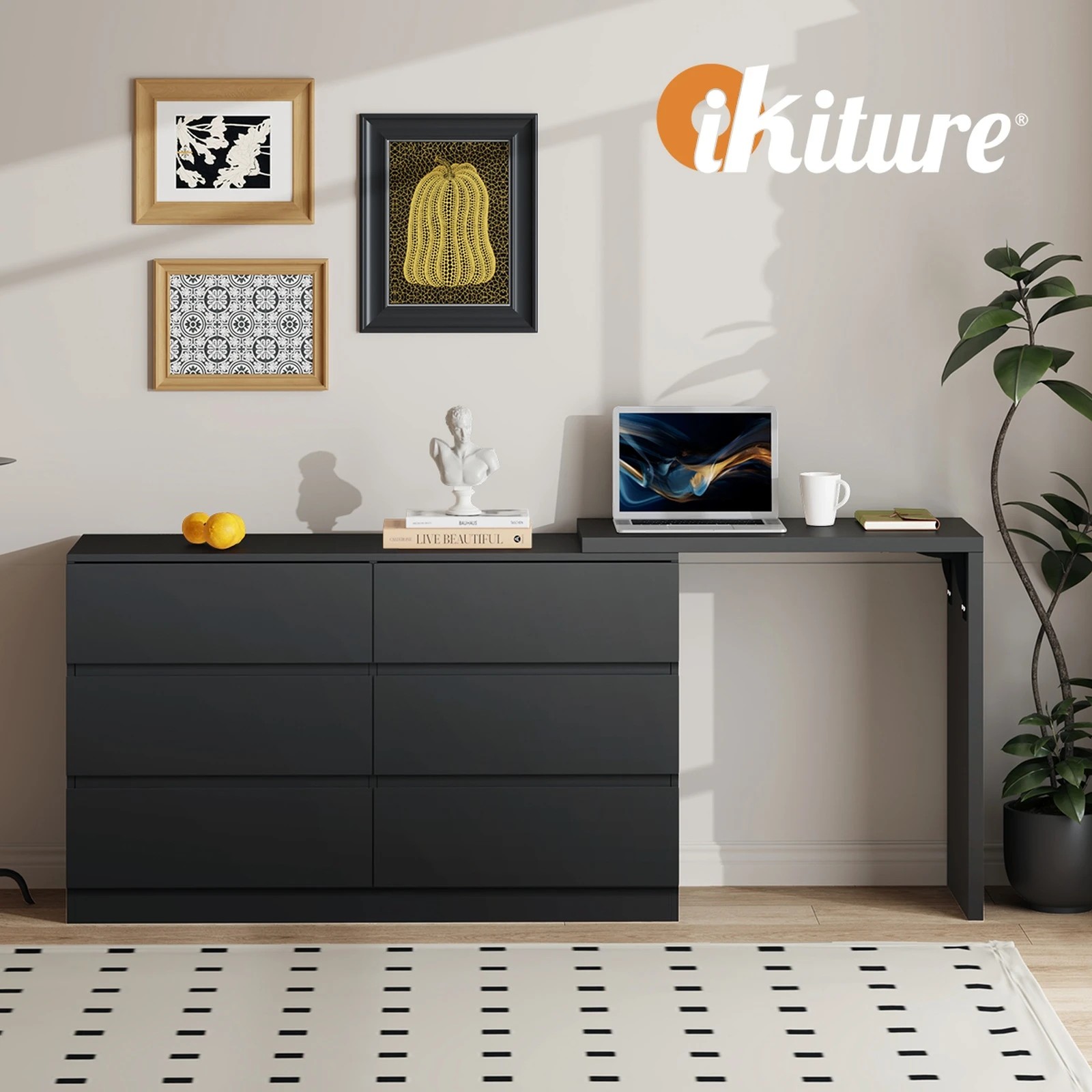 5 Oikiture 6 Chest Of Drawers Dresser With Side Table Storage
 - Black, 5 of 10