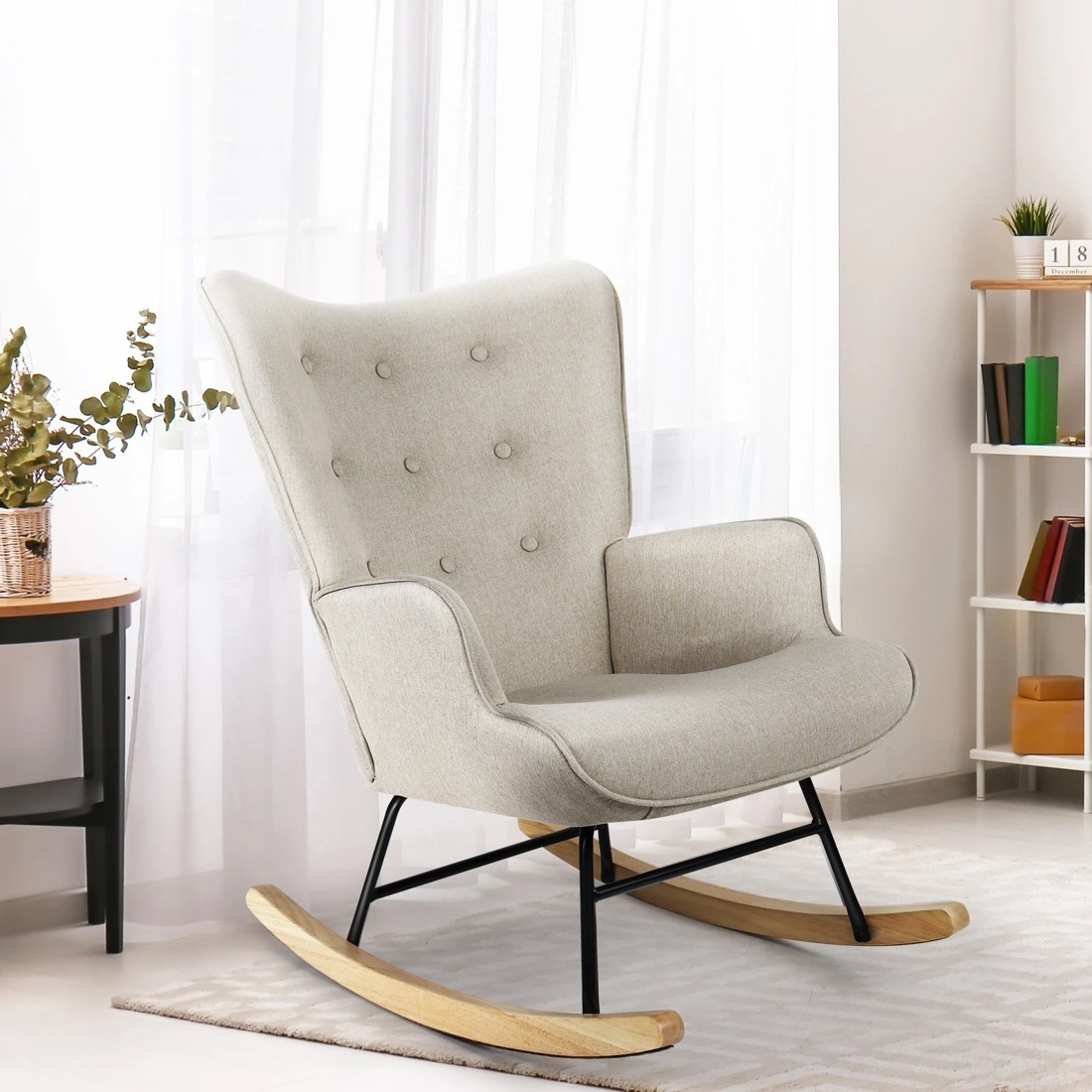 2 Oikiture Rocking Chair Nursing Armchair Linen Accent Chairs Upholstered
 - Beige, 2 of 10