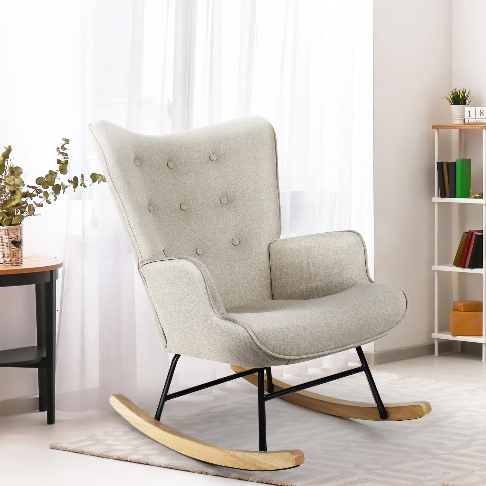 2 Oikiture Rocking Chair Nursing Armchair Linen Accent Chairs Upholstered
 - Beige, 2 of 10