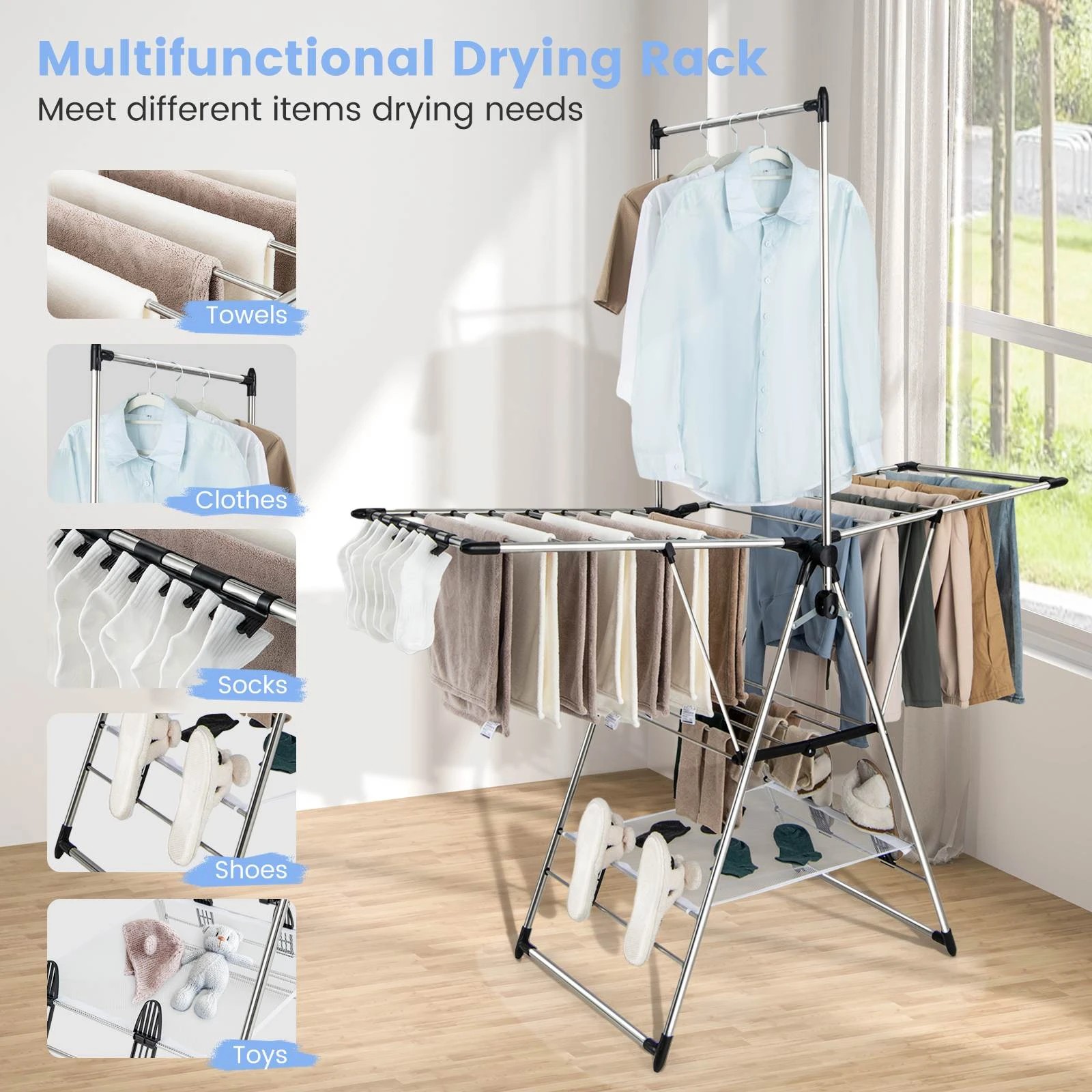 6 Costway Clothes Drying Rack Stainless Steel Gullwing Airer 6 Adjustable Height Laundry Stand, 6 of 9
