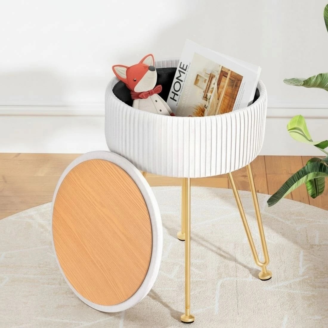 4 Artiss Ottoman Storage Foot Stool Vanity Velvet Round - White, 4 of 4