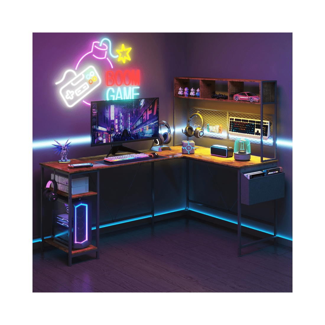 9 Advwin 170cm L Shaped Gaming Desk With Led Lights & Power Outlets Reversible Storage Shelf Computer Corner Desk Walnut, 9 of 10