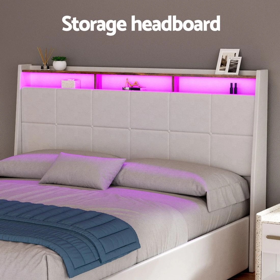 7 Artiss Bed Frame Gas Lift LED Beds Base Platform  PVC Leather Storage Headboard - White, 7 of 7