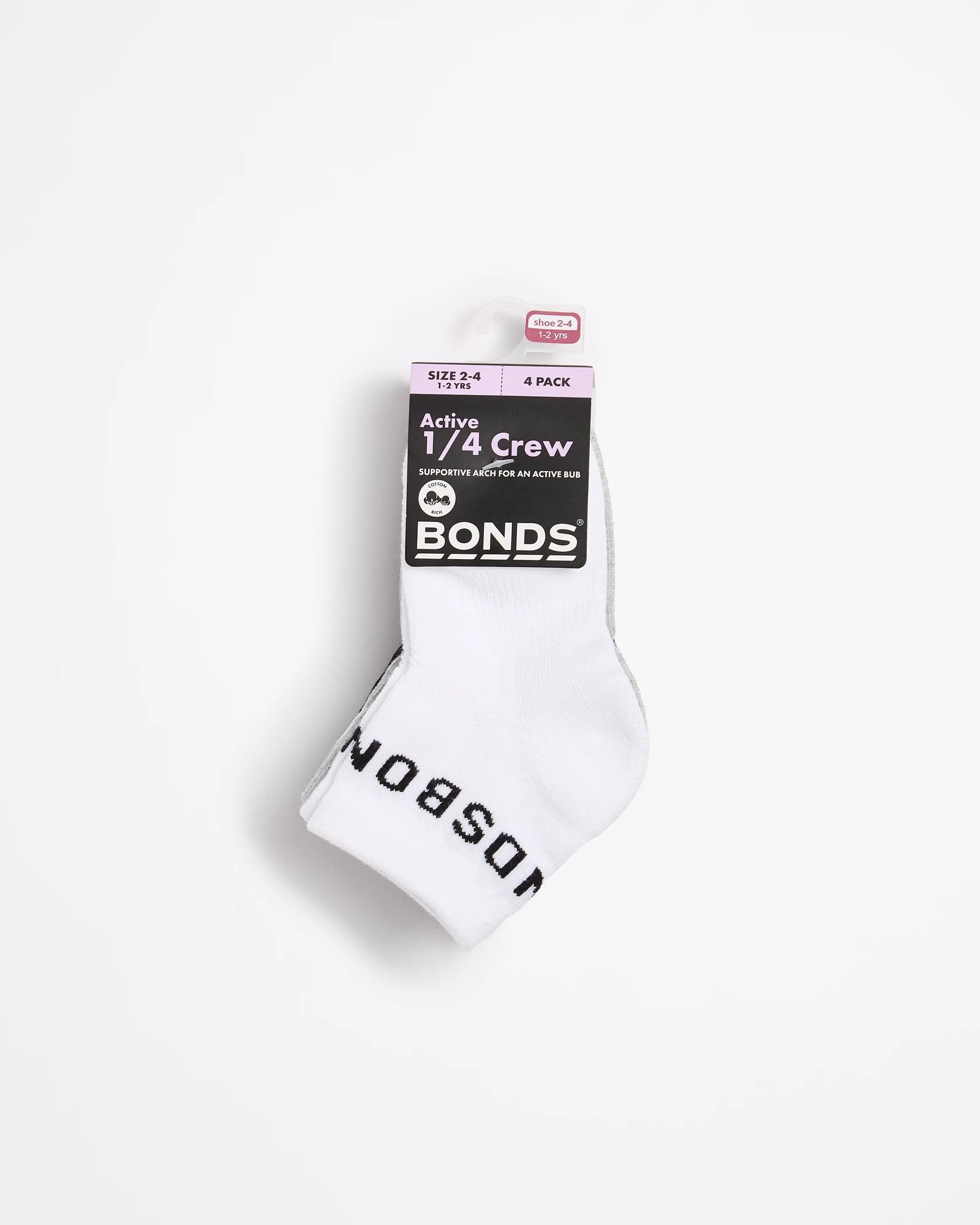 3 Bonds Baby Active 1/4 Crew Socks 4 Pack WHITE / GREY / BLACK, 3 of 3
