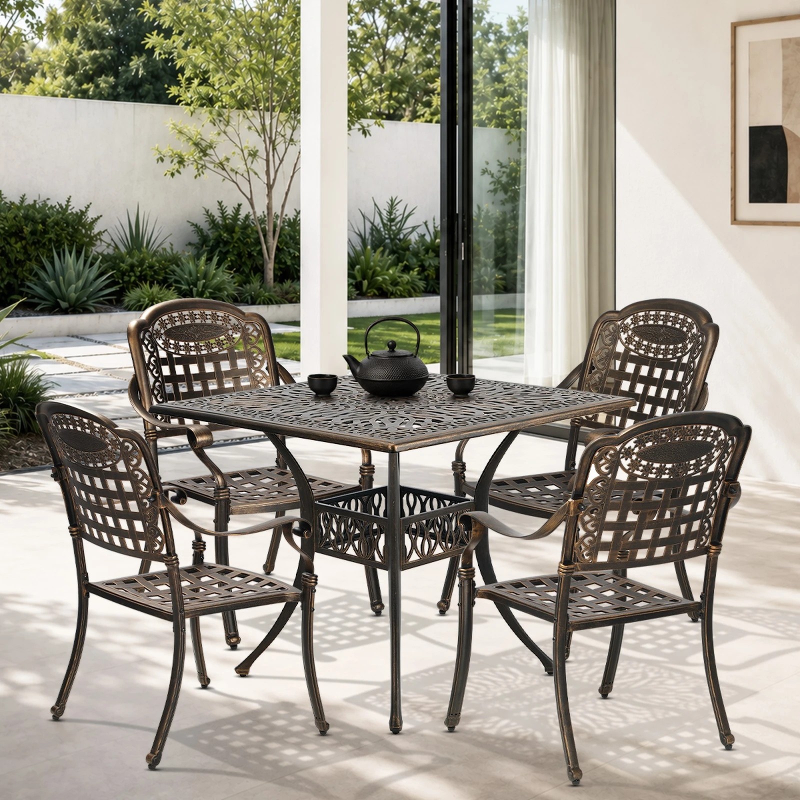 4 Livsip 5 Piece Outdoor Dining Setting Bistro Patio Set Cast Aluminium Furniture - Bronze, 4 of 7