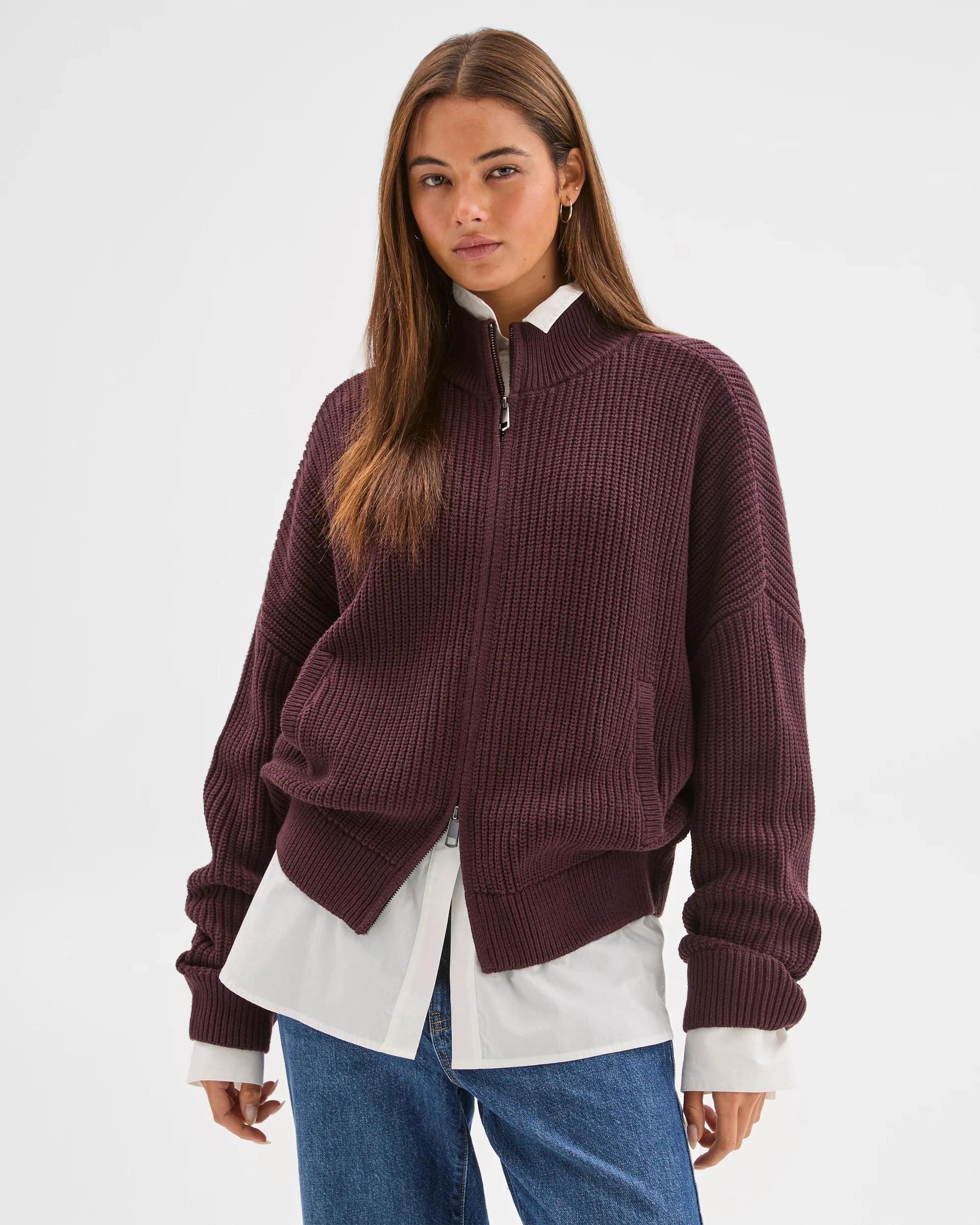 6 Lily Loves Australian Cotton Blend Zip Through Rib Cardigan FUDGE, 6 of 8