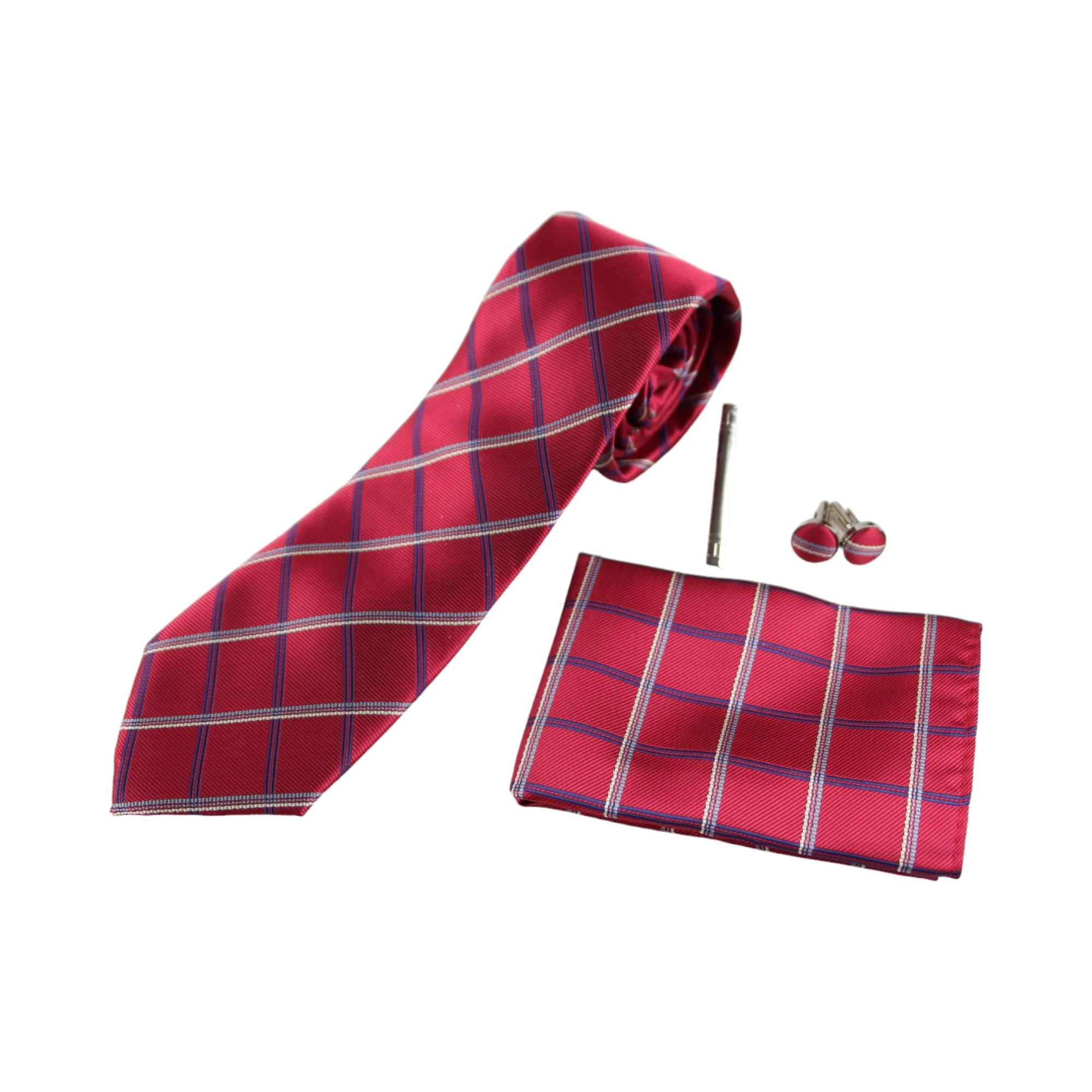 1 Zasel Mens Red & Navy Checkered Matching Neck Tie, Pocket Square, Cuff Links And Tie Clip Set - Multi, 1 of 1