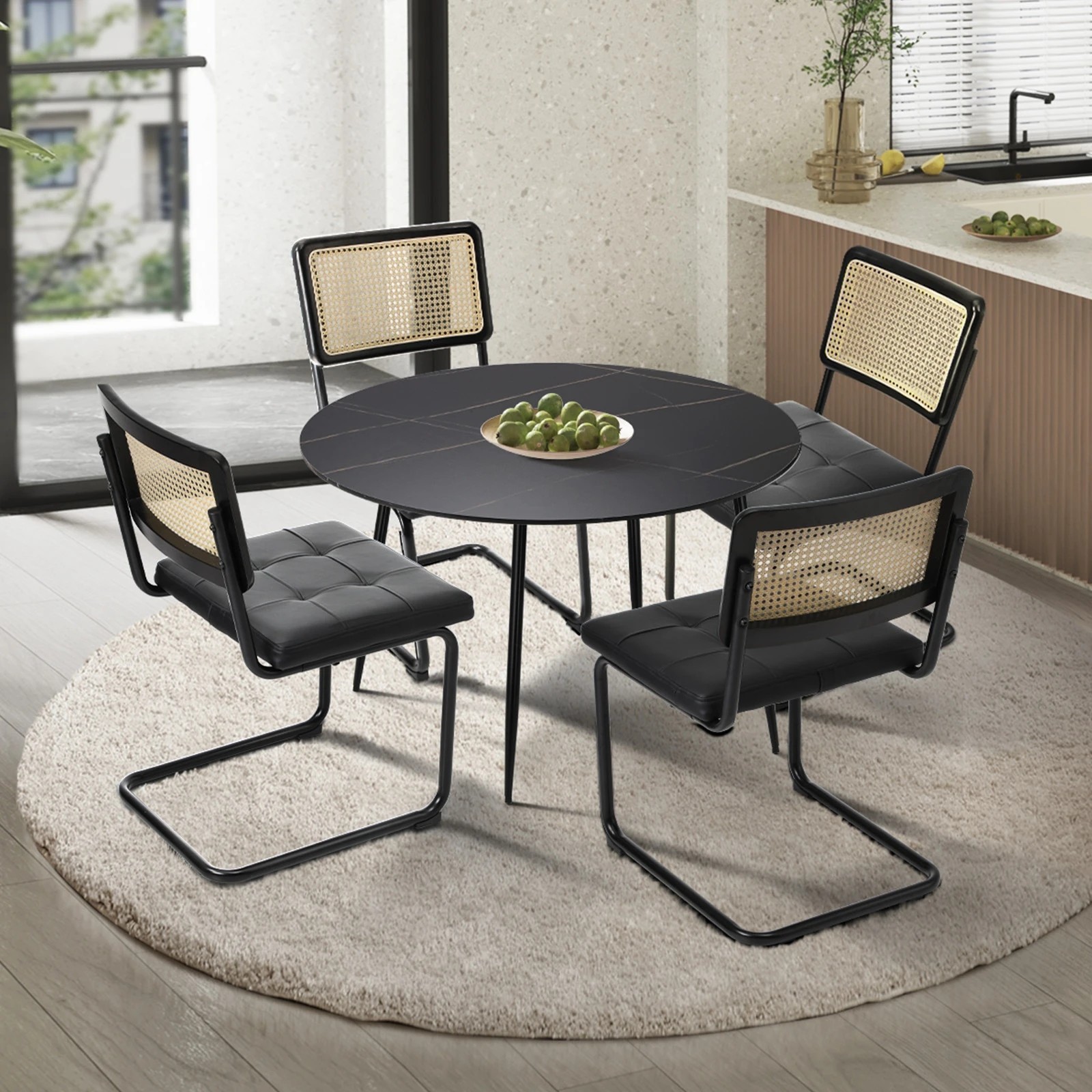 3 Oikiture 5PCS Dining Table Set 1.1m Round Dining Table and Chairs PU Leather Padded Seat - Black, 3 of 9