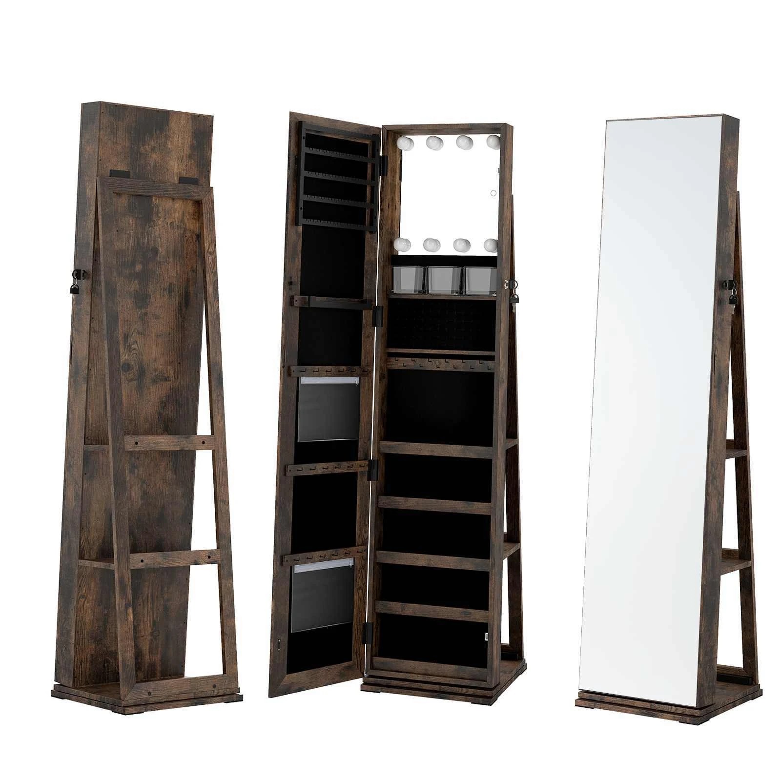 1 Costway 360° Swivel Jewelry Cabinet Lockable Freestanding Jewellery Storage Organiser - Brown, 1 of 5